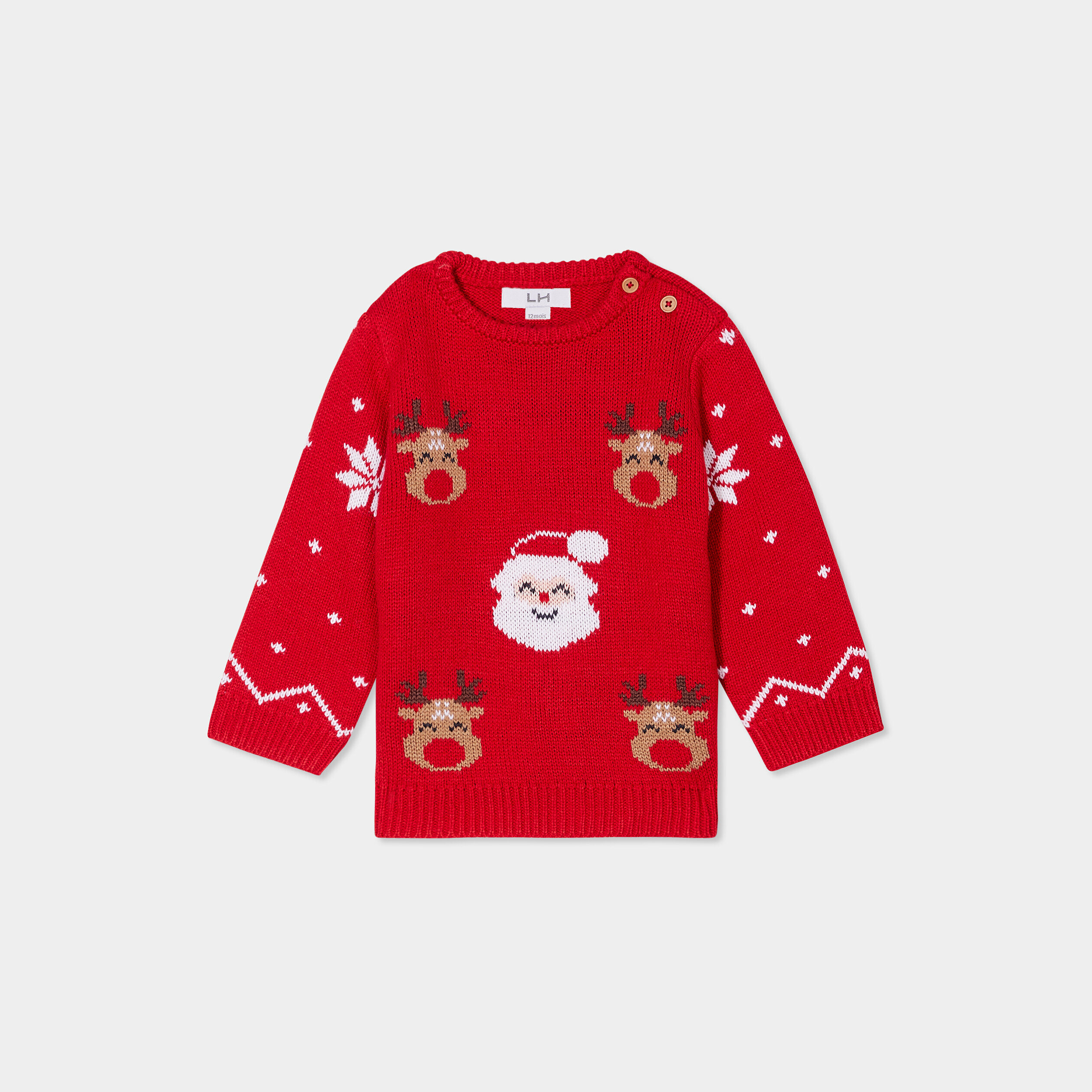 Pull de Noël épaule boutonnée col rond rouge bébé garçon