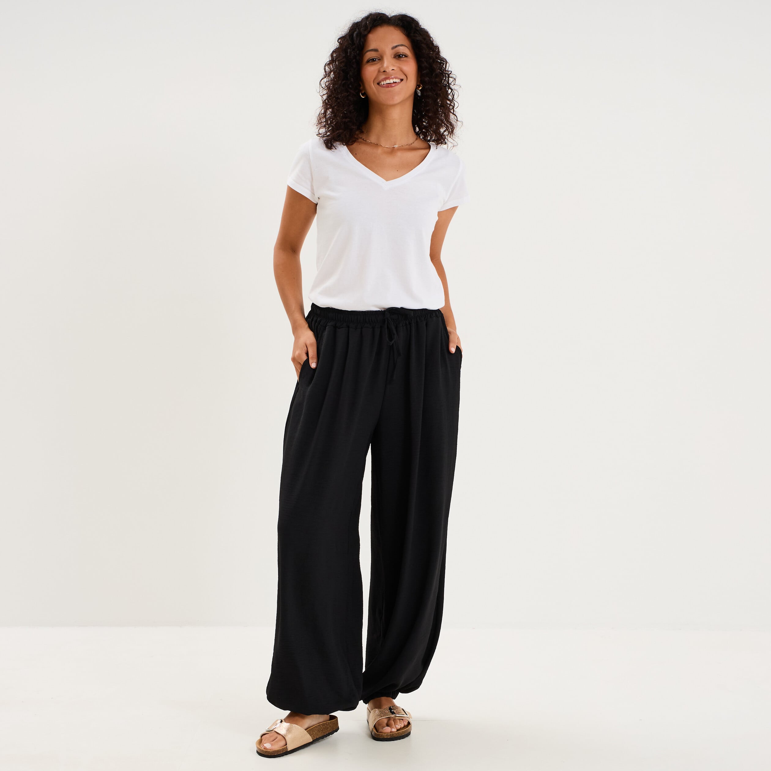 Pantalon ample fluide taille &agrave; coulisse noir femme