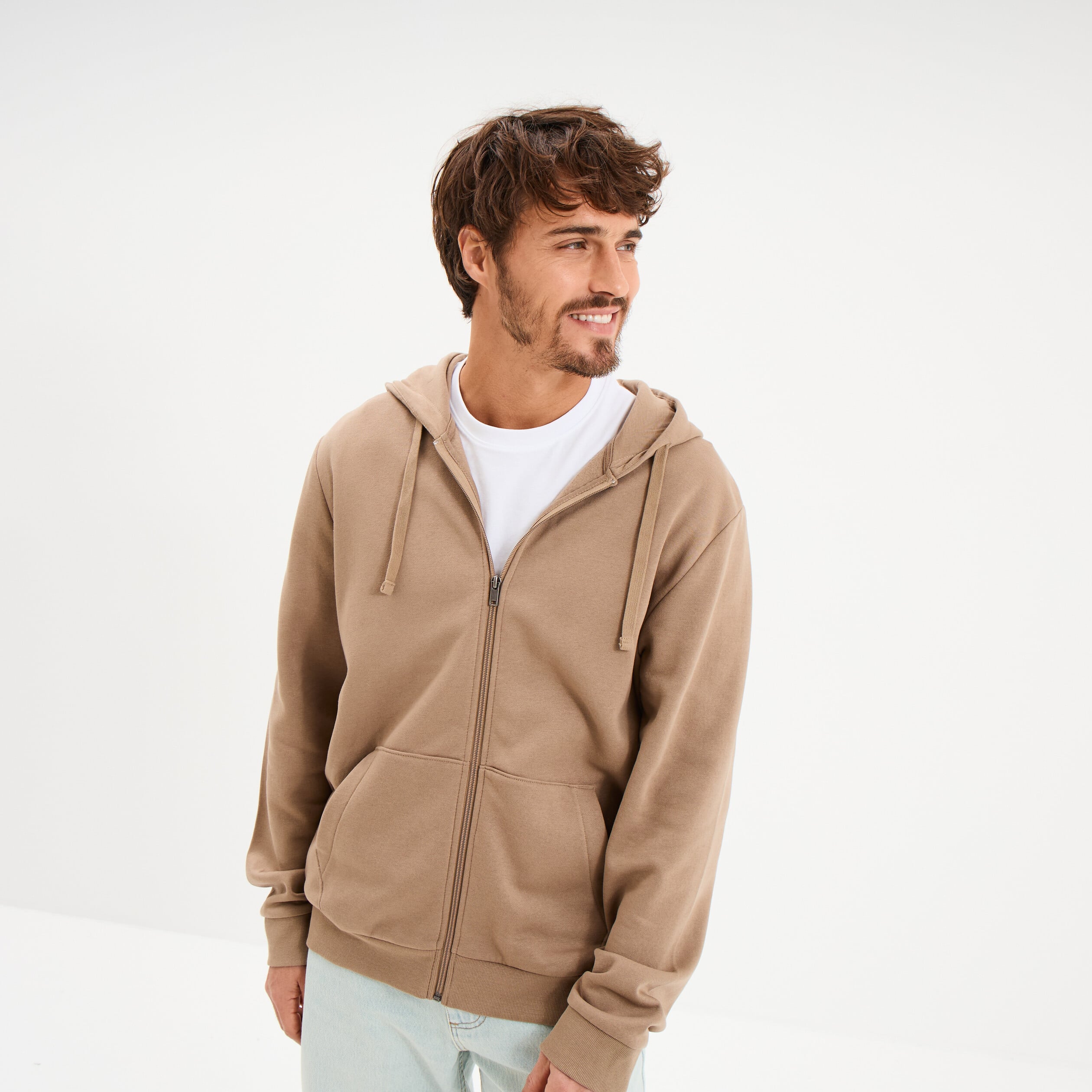 Sweat zipp&eacute; molleton &agrave; capuche taupe homme
