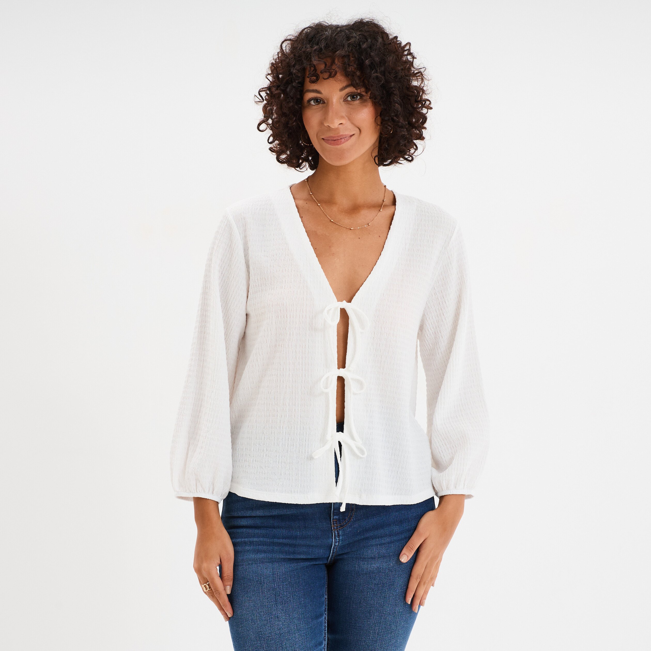 t shirt noeuds et manches 34 blanc femme T-shirt noeuds et manches 3/4 blanc femme