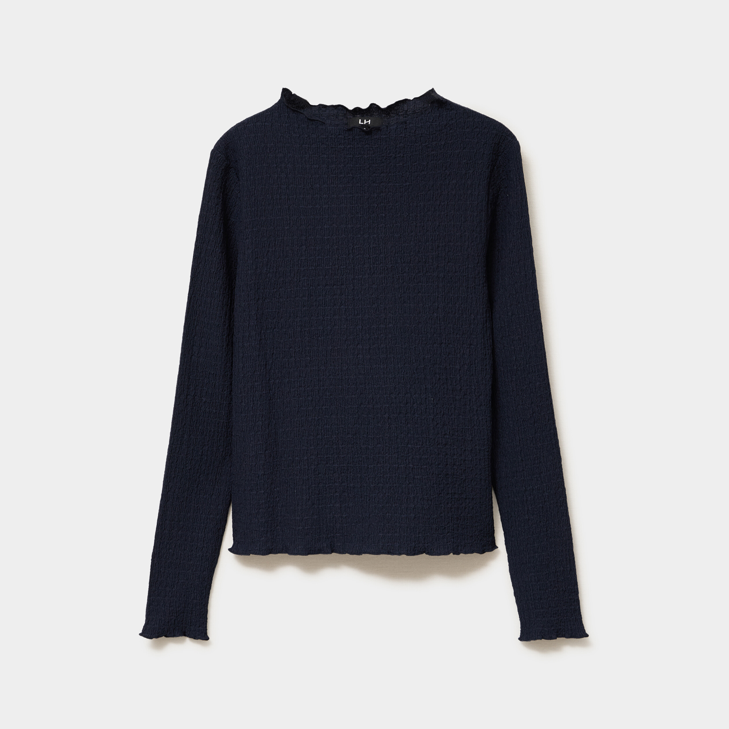 T-shirt effet gaufr&eacute; col montant bleu fonc&eacute; femme