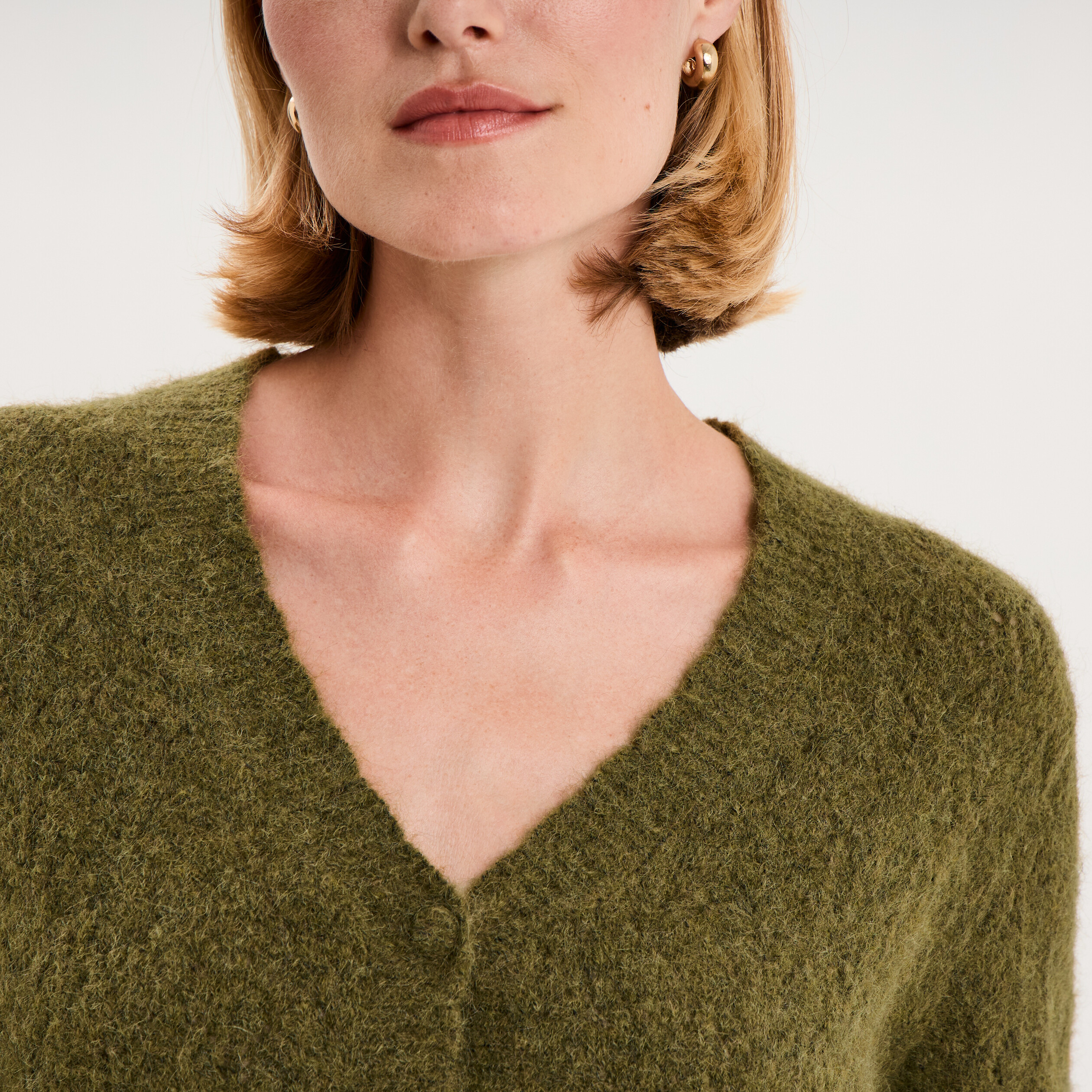 Gilet cardigan ajour&eacute; manches longues vert olive femme