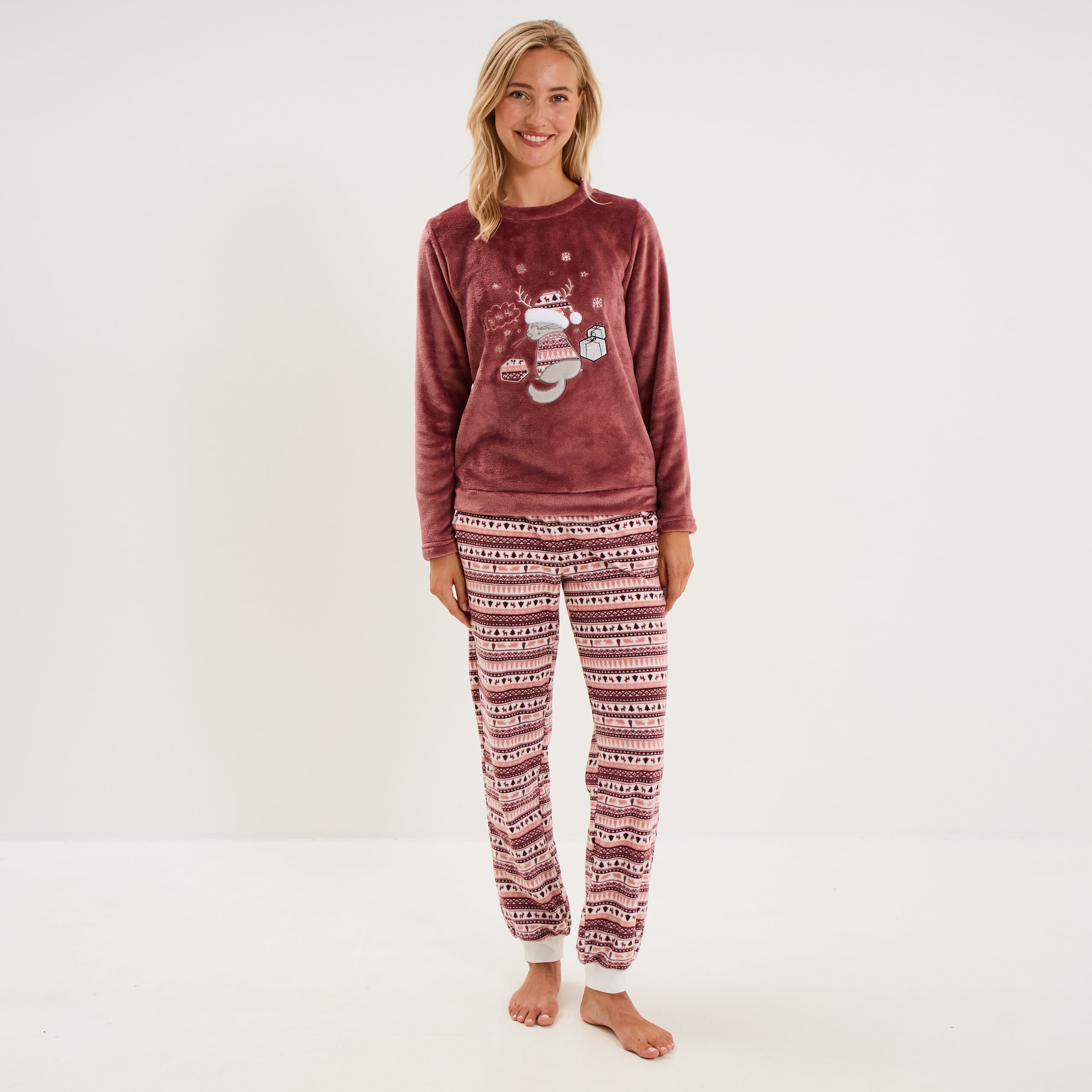 Ensemble pyjama pantalon effet velours rose framboise femme