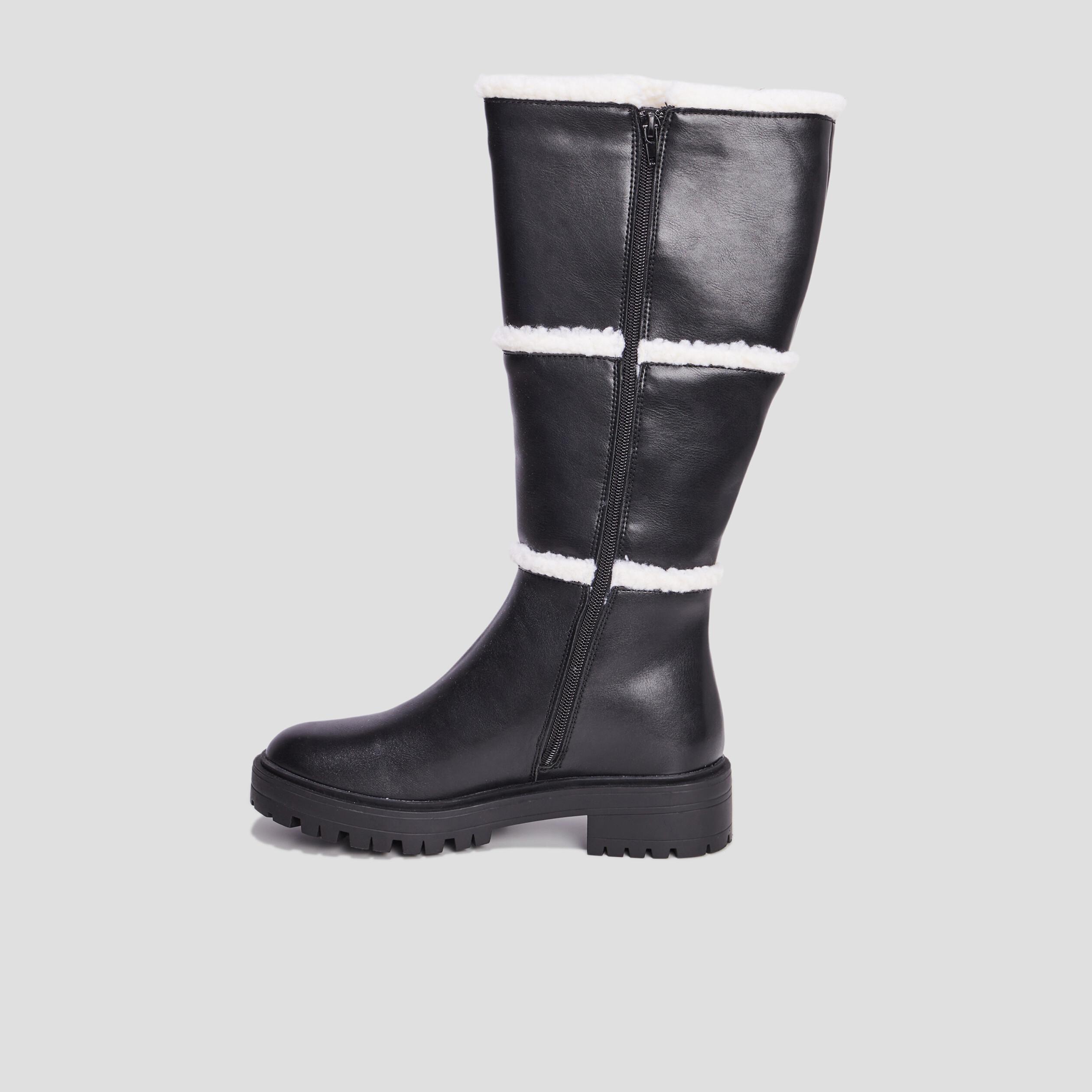 Bottes bandes fausse laine mouton noir femme
