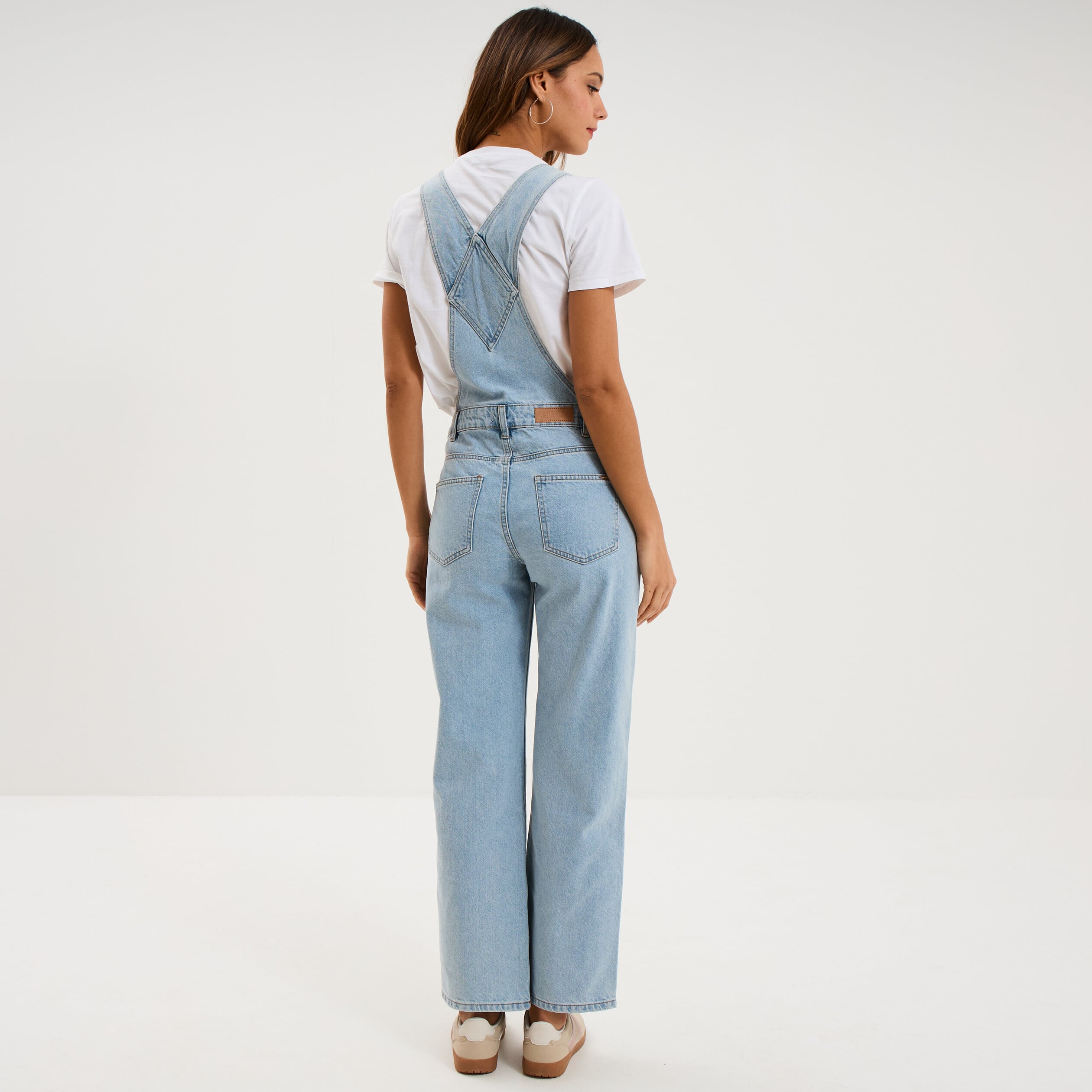 Salopette en jean jambe large coton denim triple stone femme