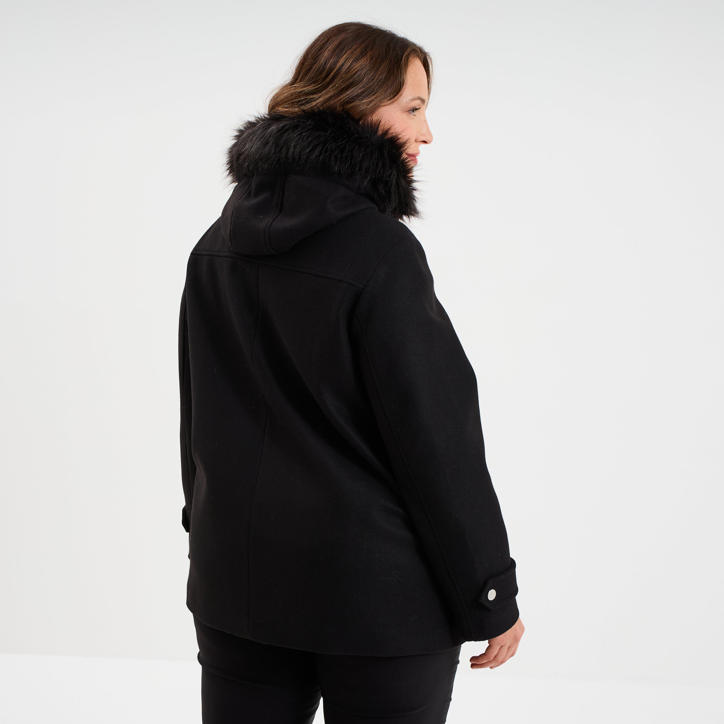 Manteau zipp&eacute; &agrave; capuche fausse fourrure noir femme grande taille