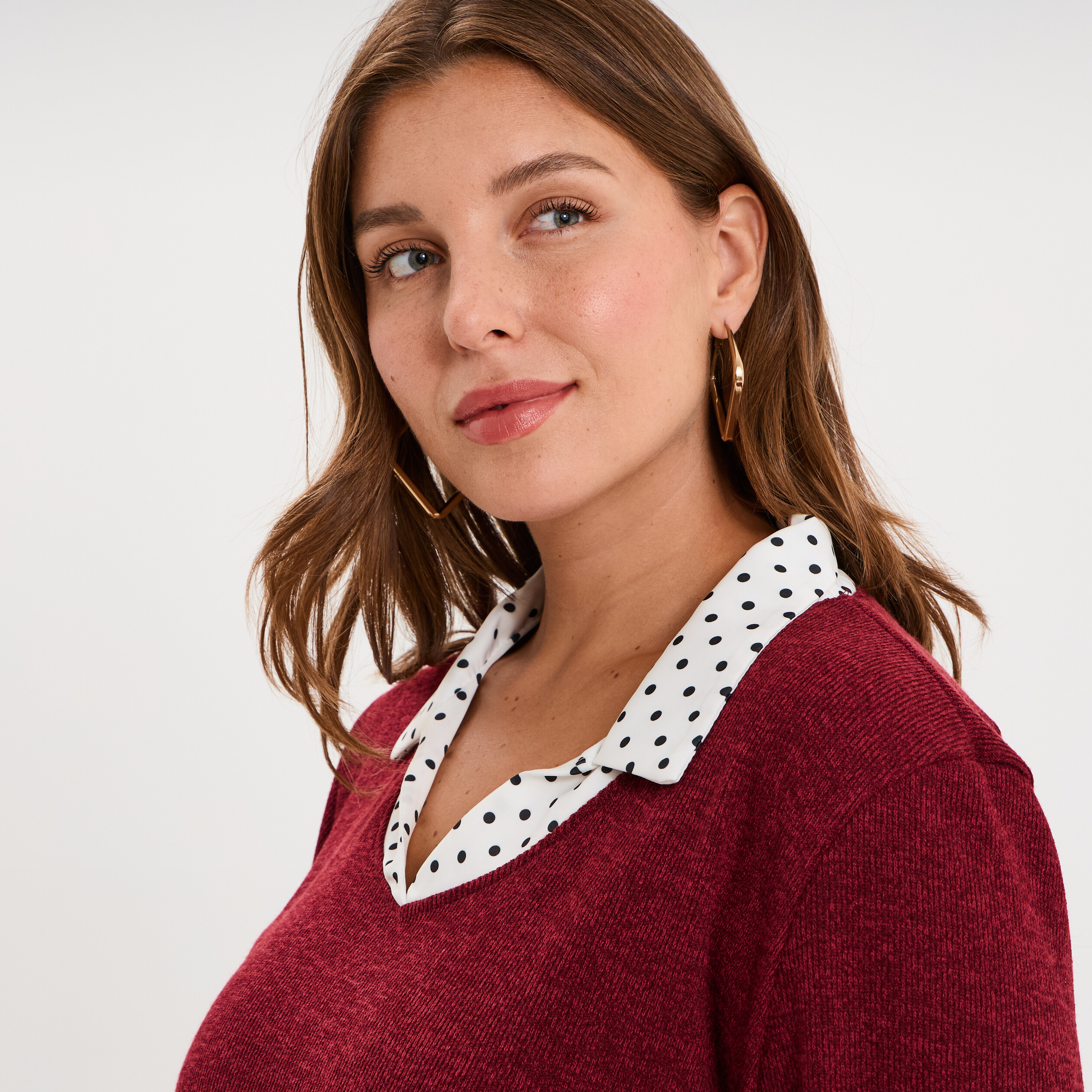Pull effet 2-en-1 avec manches 3/4 rose framboise femme grande taille