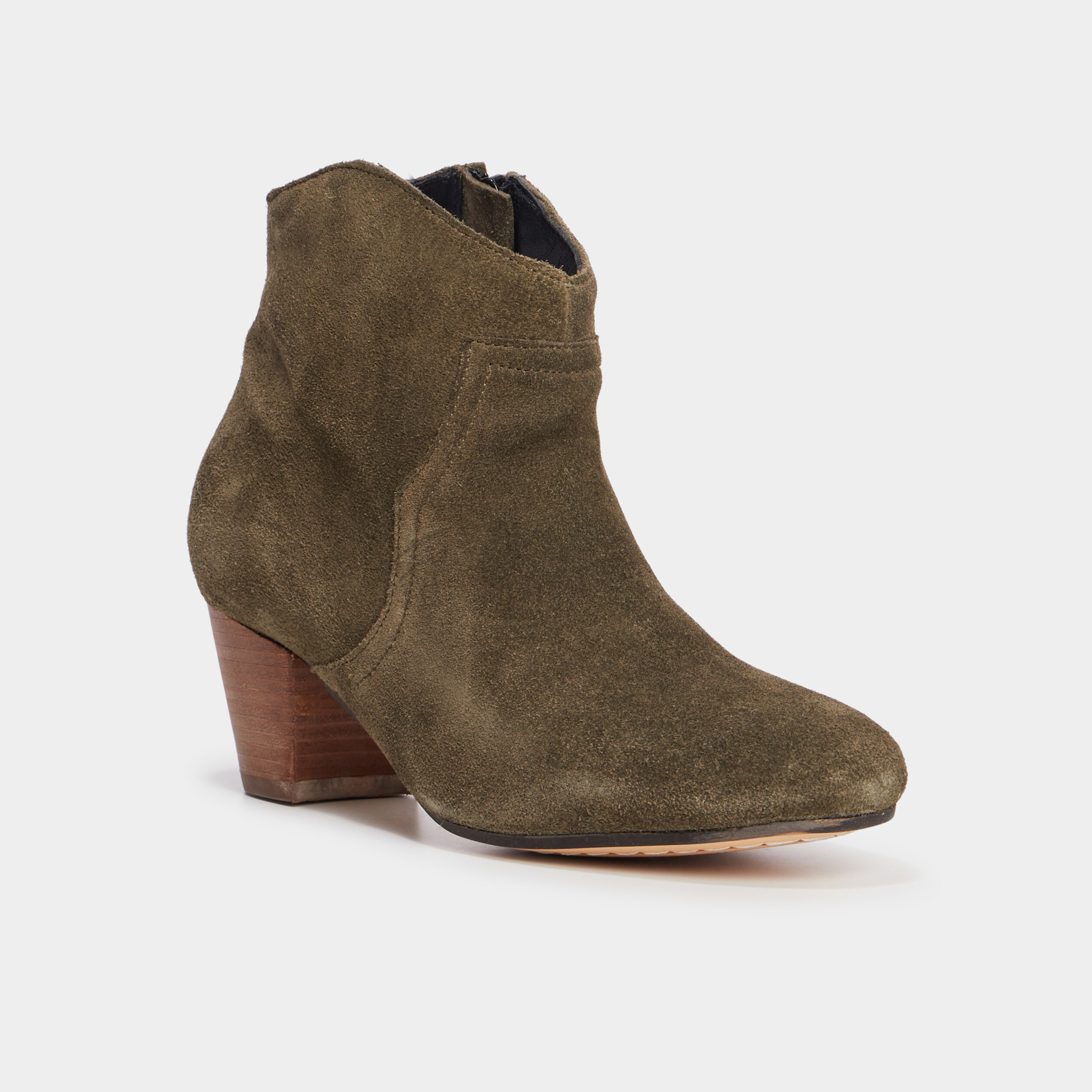 Boots bout pointu &agrave; talons en cuir vert kaki femme