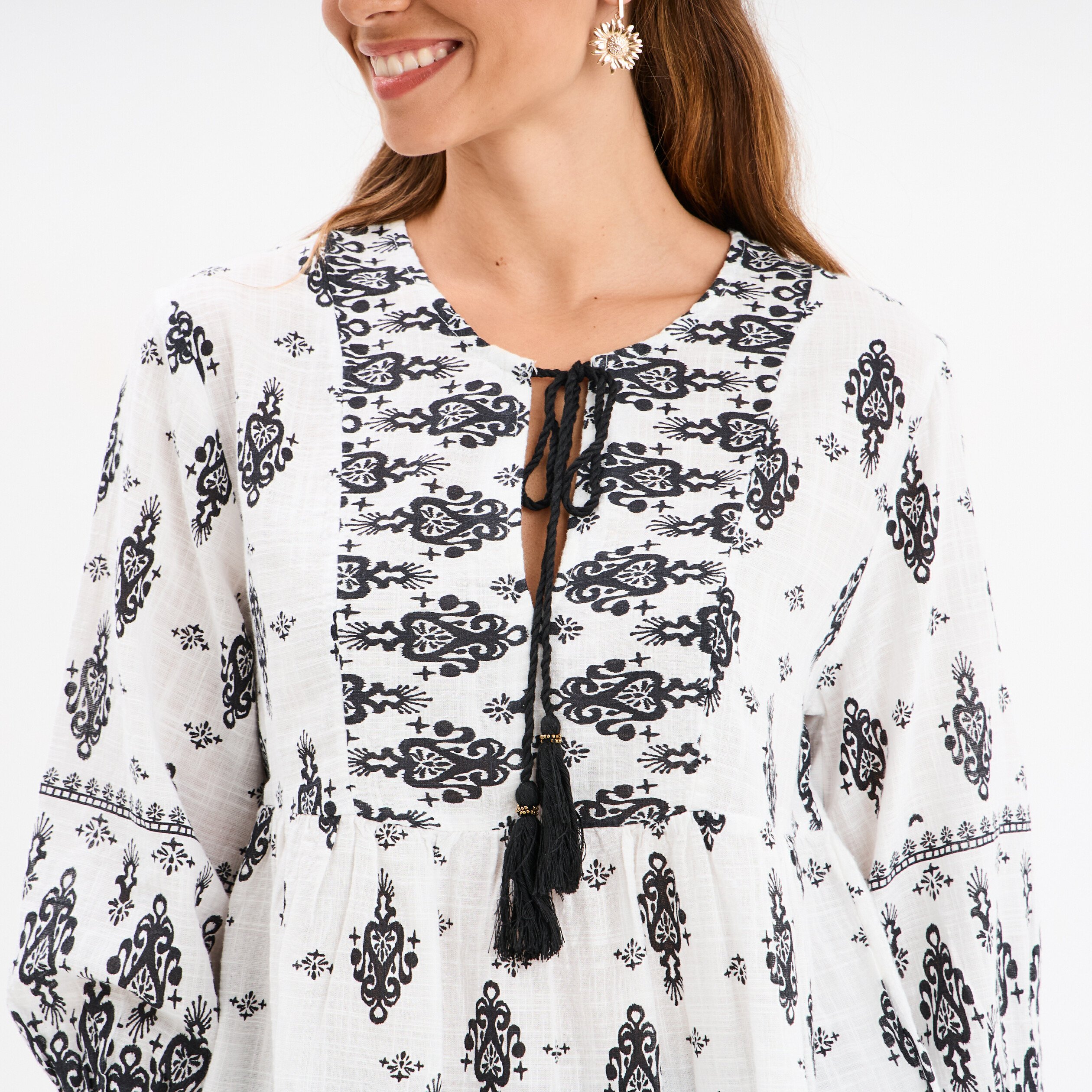 blouse col tunisien manches ballons ecru femme Blouse col tunisien manches ballons ecru femme