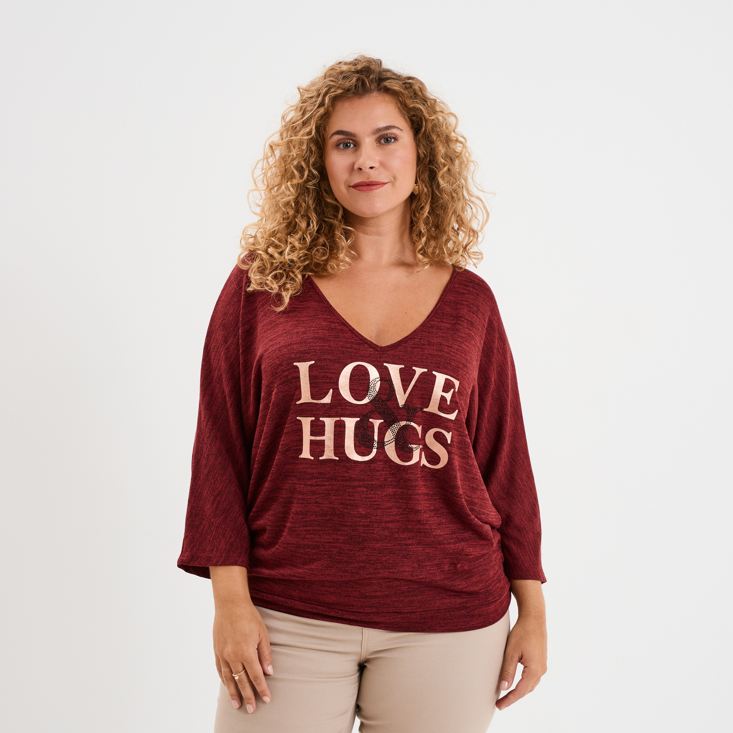 pull manches 34 chauve souris col v bordeaux femmegt Pull manches 3/4 chauve-souris col V bordeaux femme grande taille