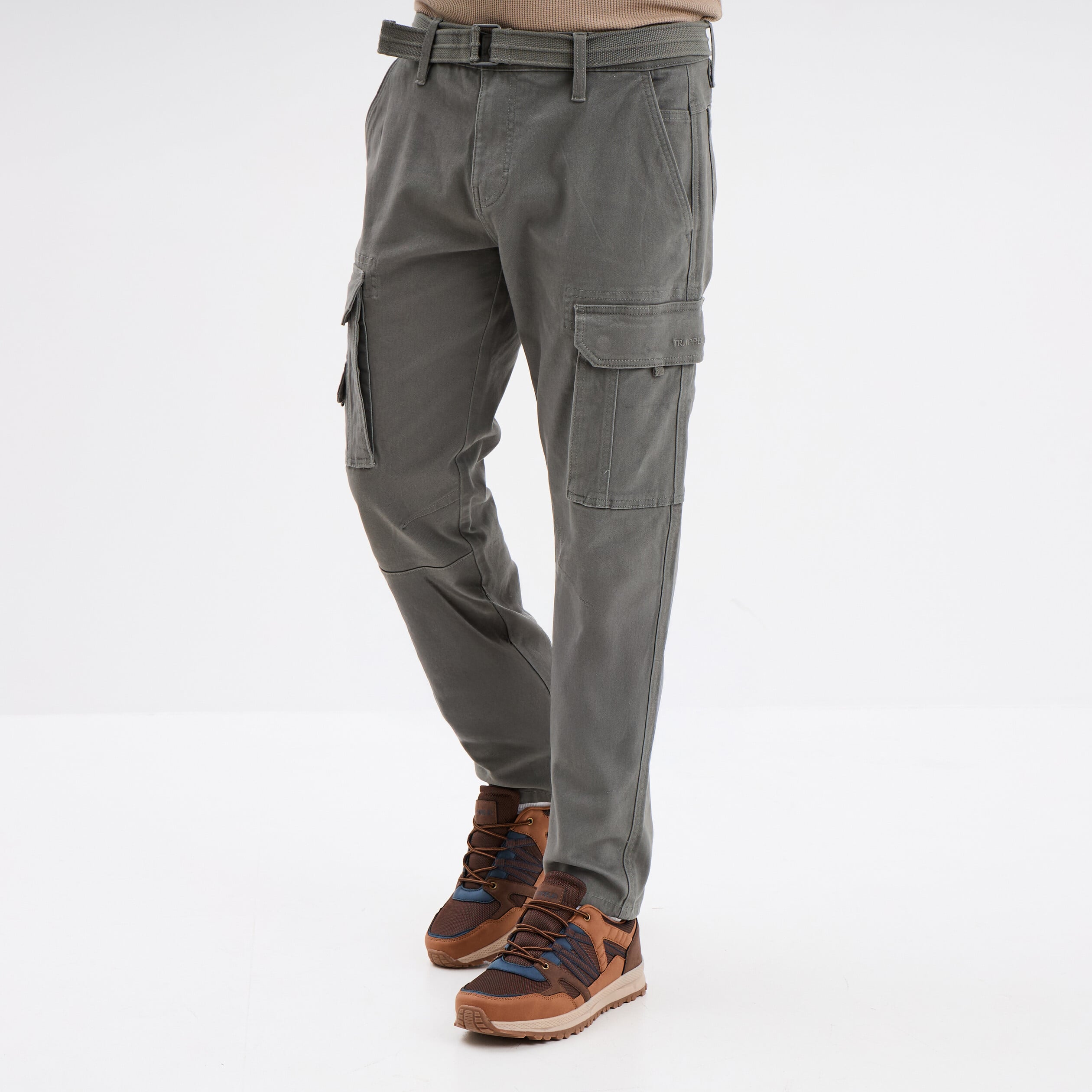 Pantalon cargo ceintur&eacute; Trappeur gris homme