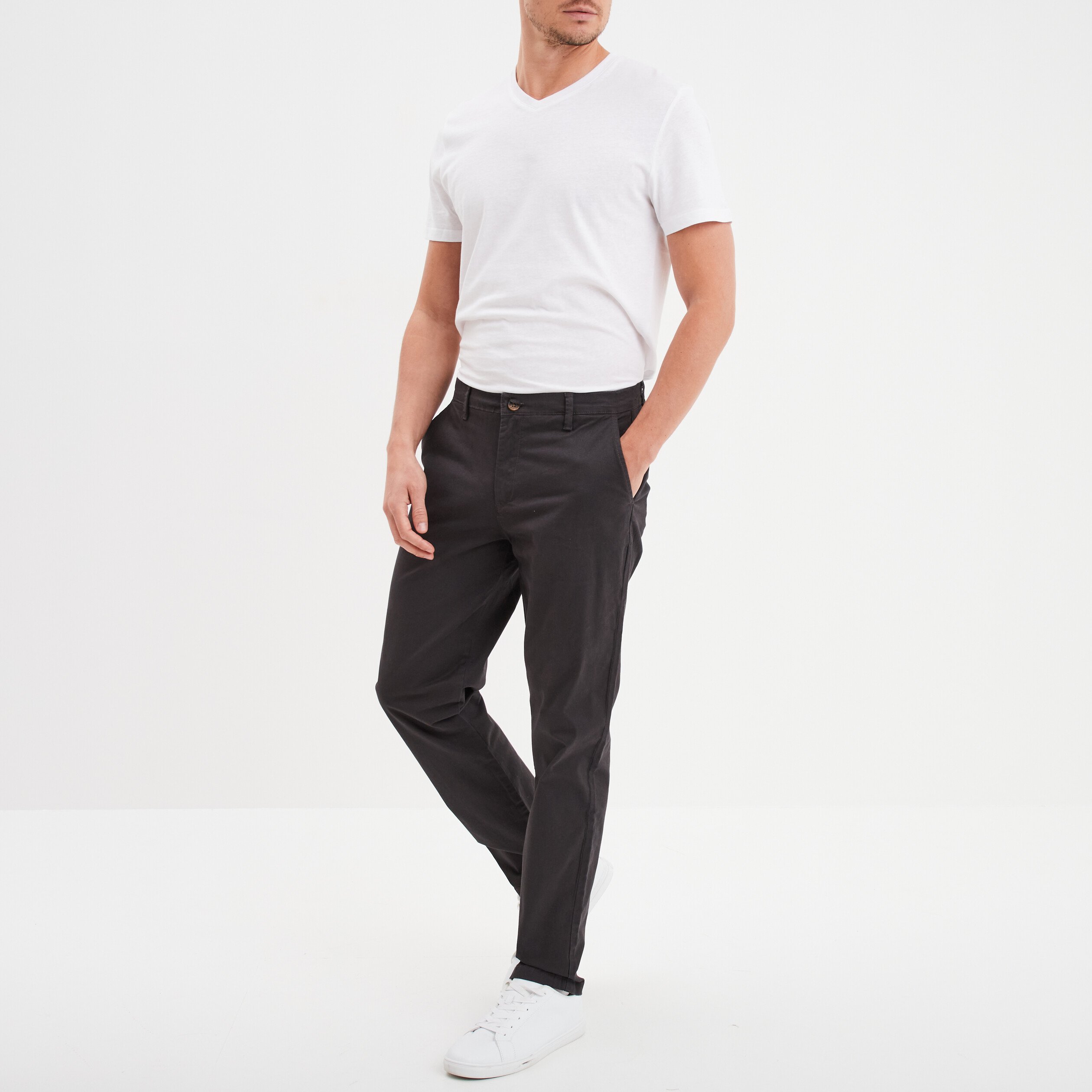 Pantalon chino droit stretch retrousse gris fonce homme La Halle