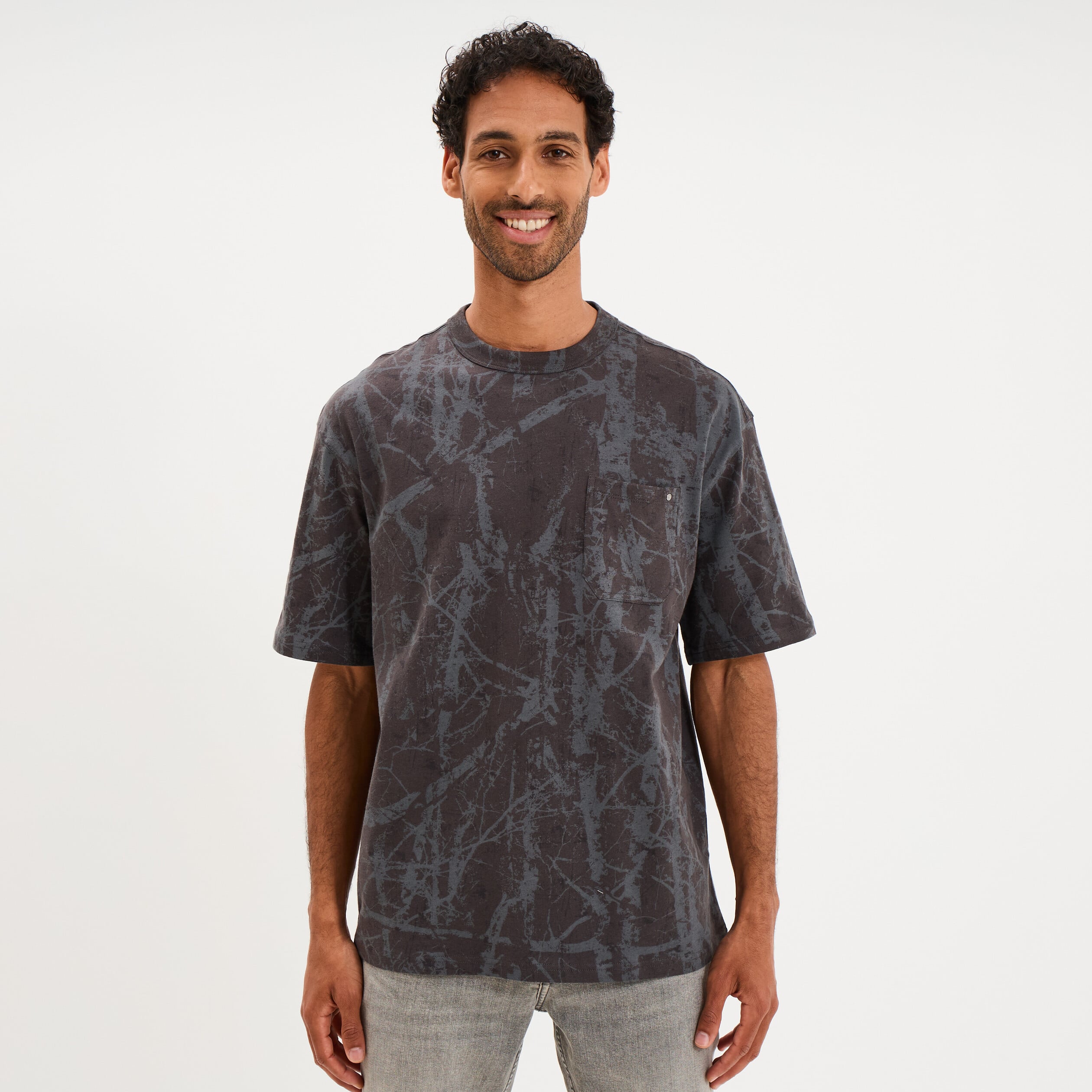 T-shirt col rond manches courtes coton gris fonc&eacute; homme