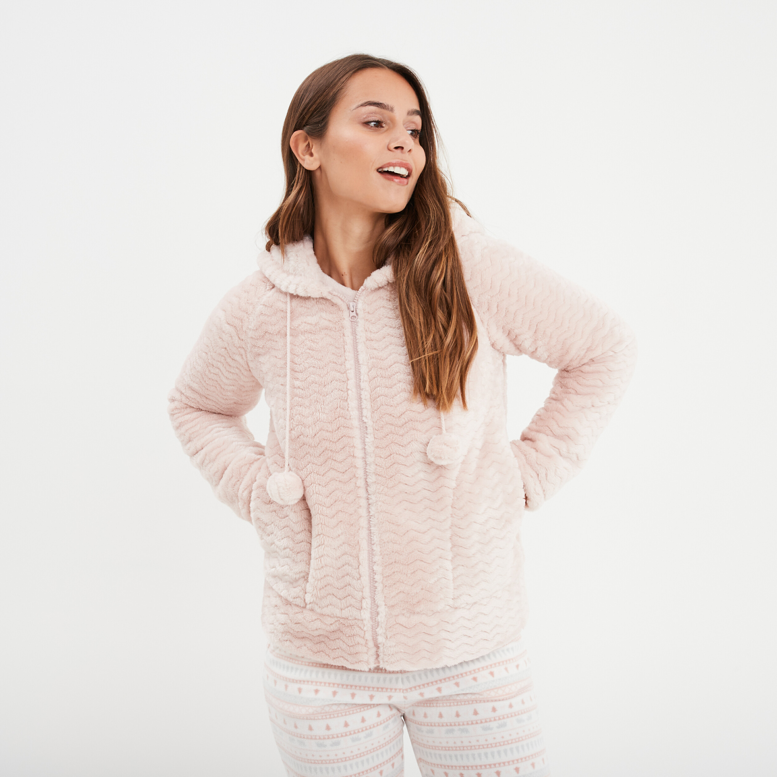 Veste de pyjama effet velours à capuche vieux rose femme