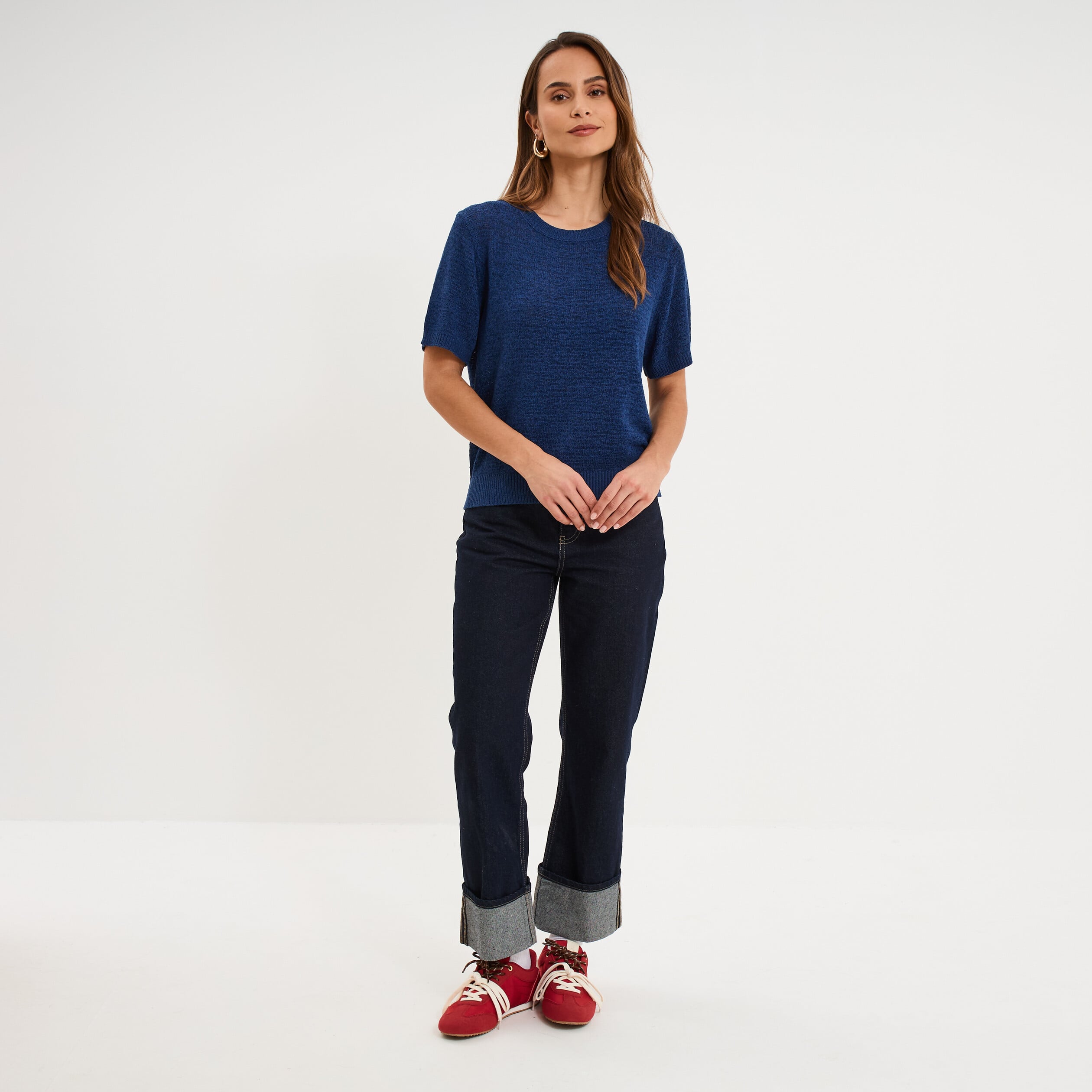 Pull manches courtes col rond bleu marine femme
