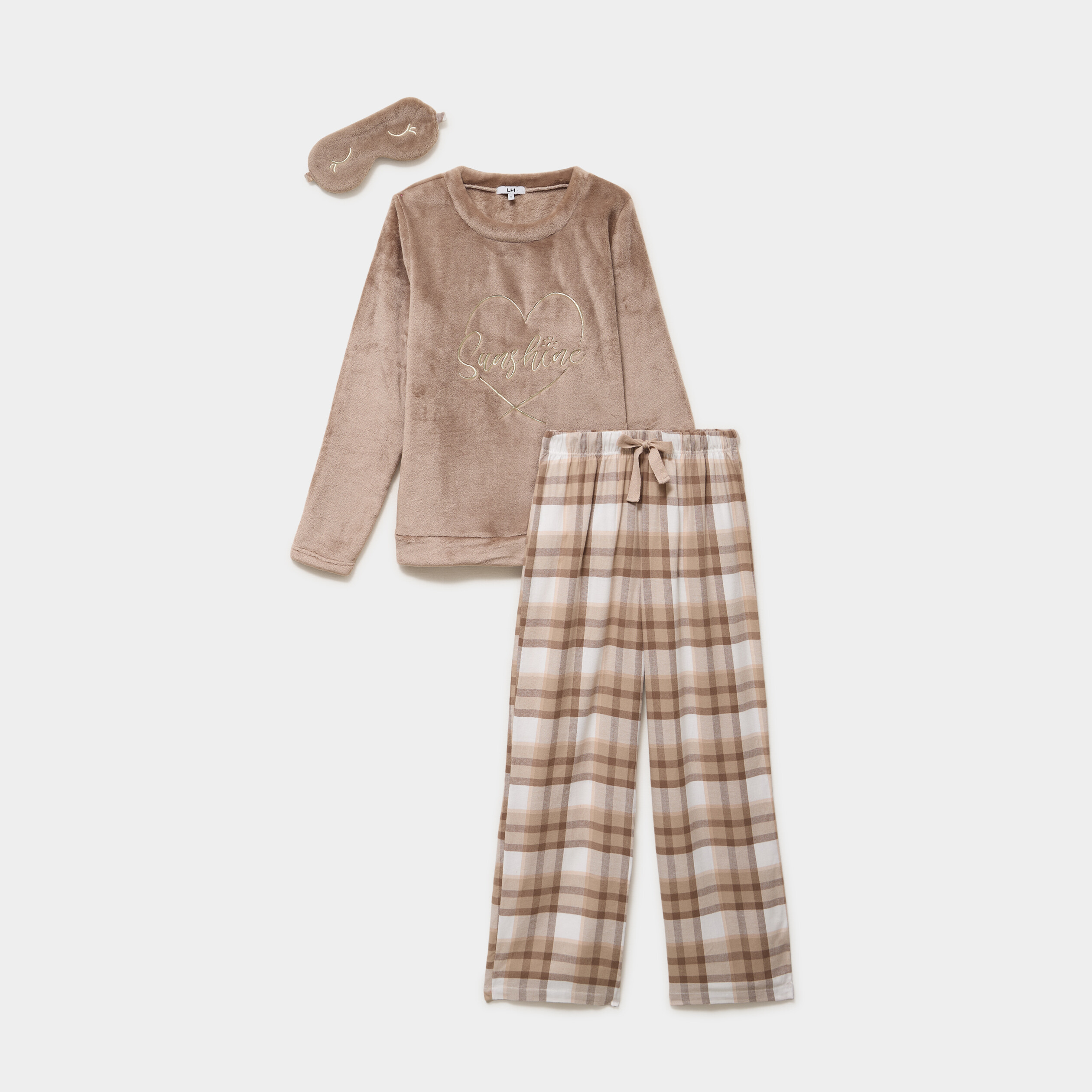 Ensemble pyjama effet polaire 3 pi&egrave;ces beige femme