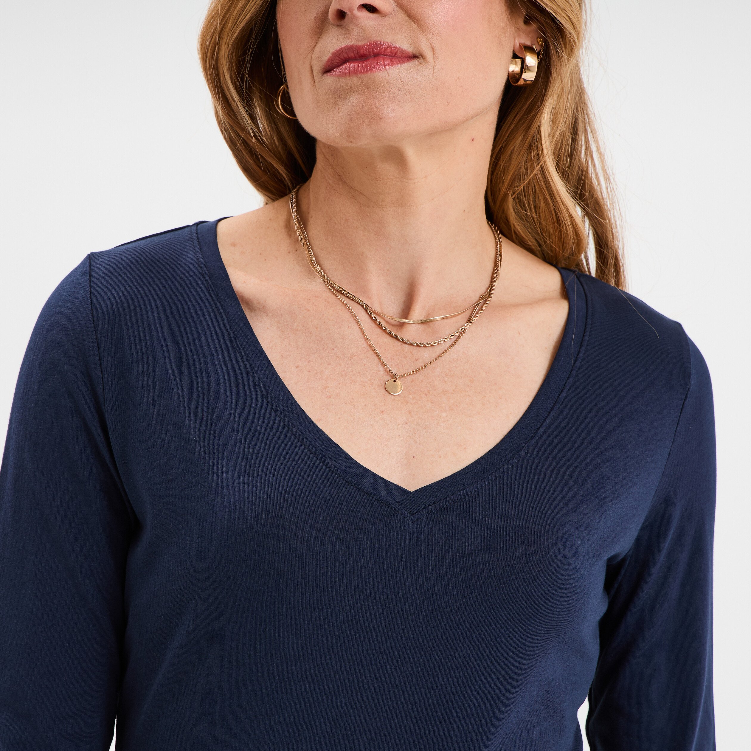 t shirt col en v manches longues coton bleu marine femme T-shirt col en V manches longues coton bleu marine femme