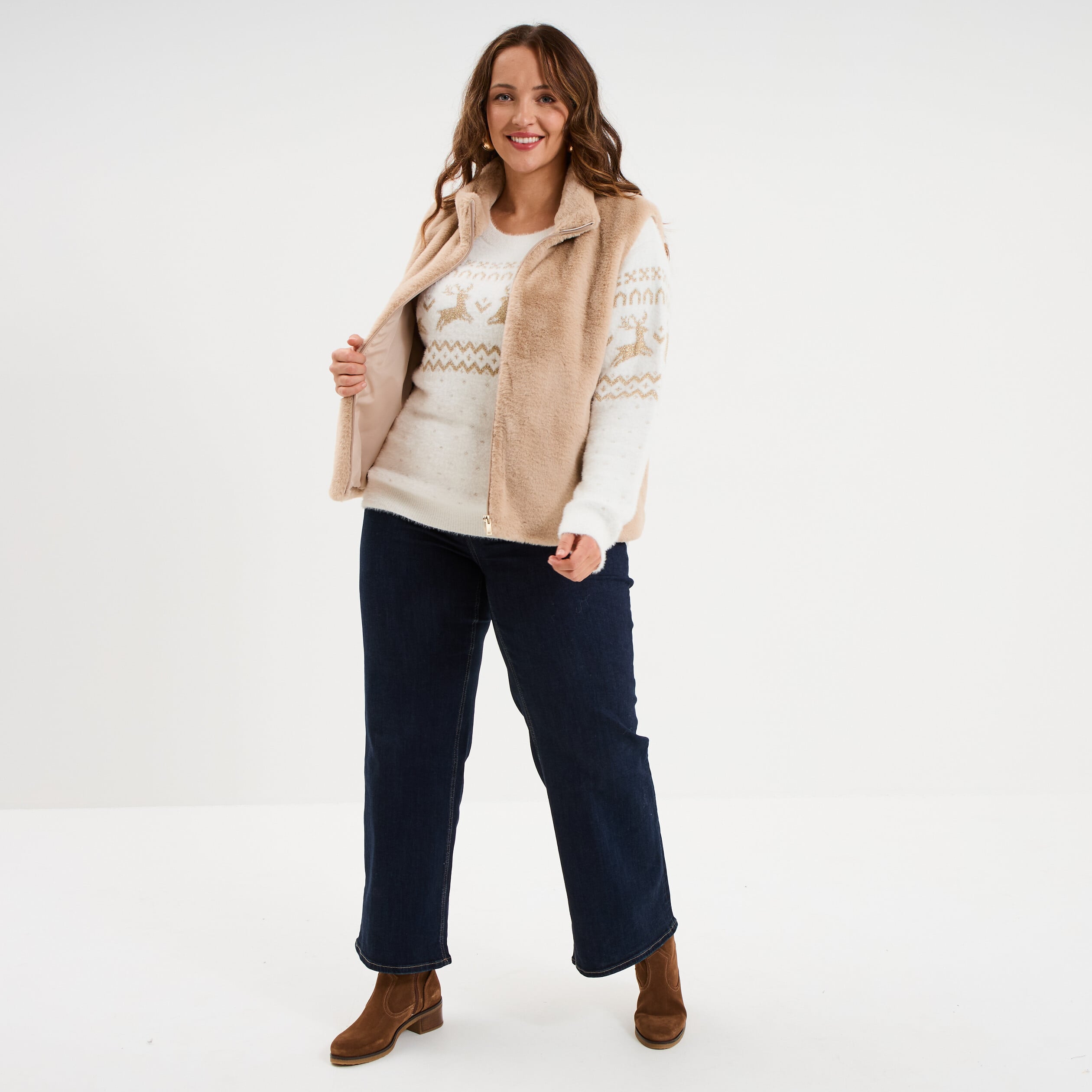 Pull de No&euml;l manches longues ivoire femme grande taille