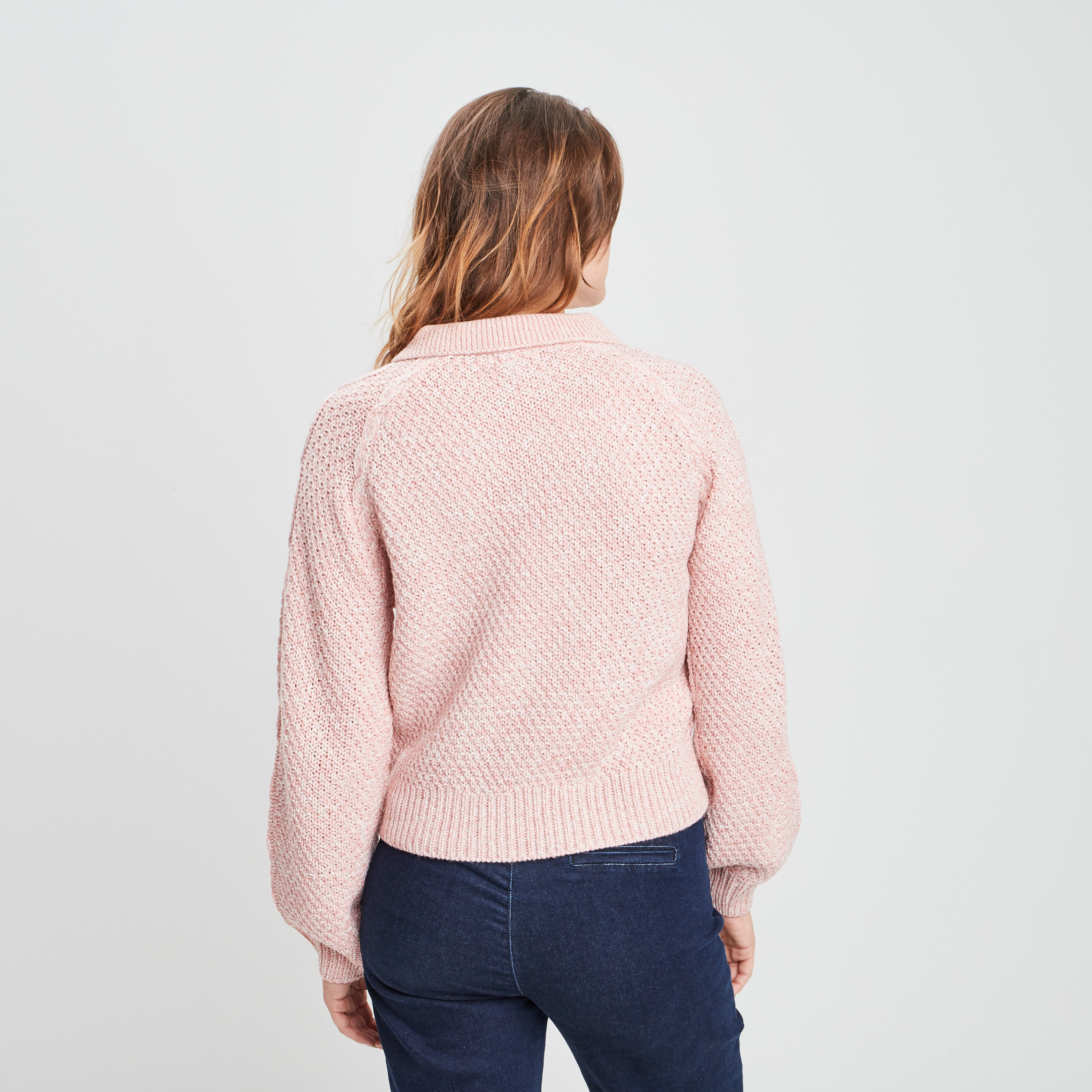 Pull à col polo boutonné rose femme
