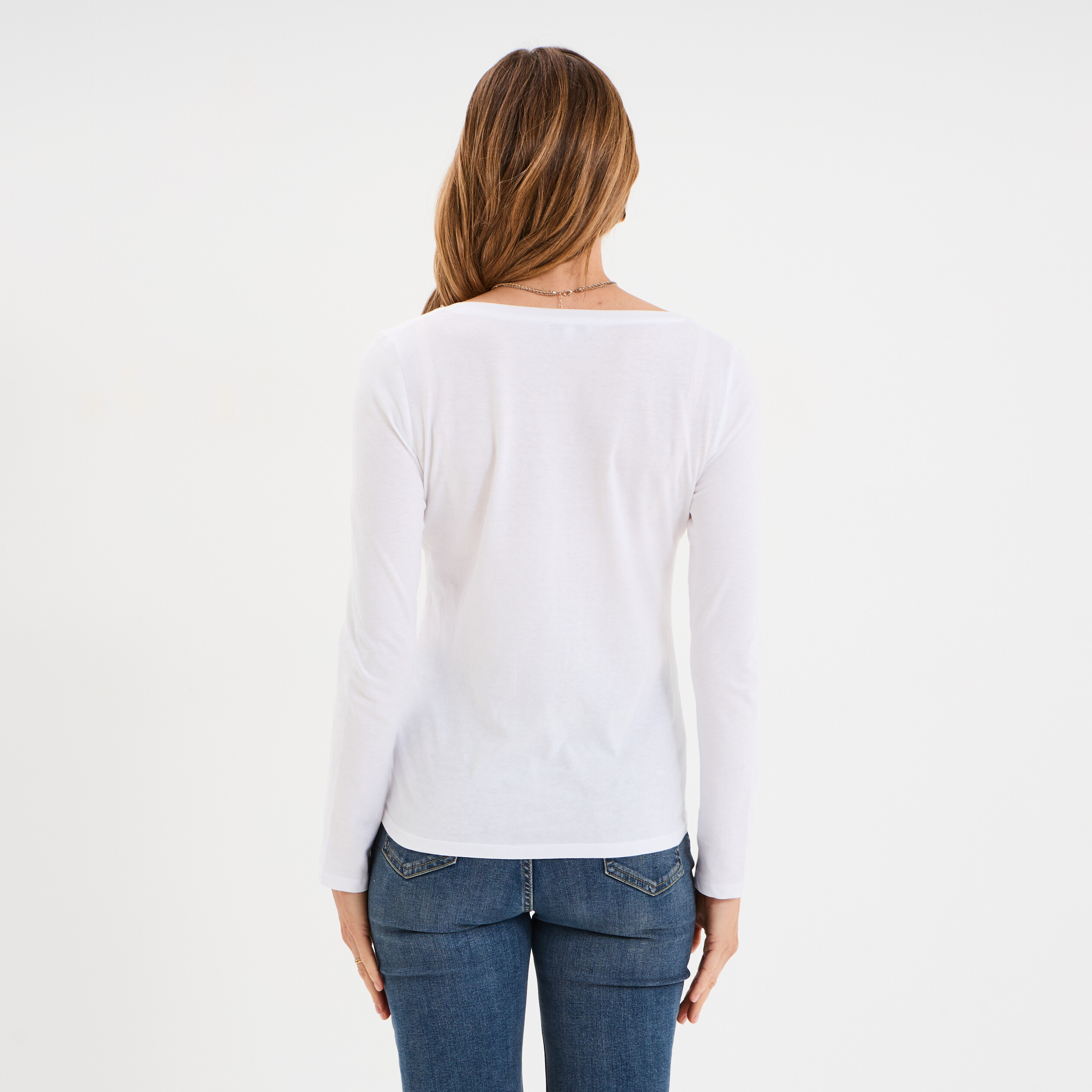 t shirt col en v manches longues coton blanc femme T-shirt col en V manches longues coton blanc femme