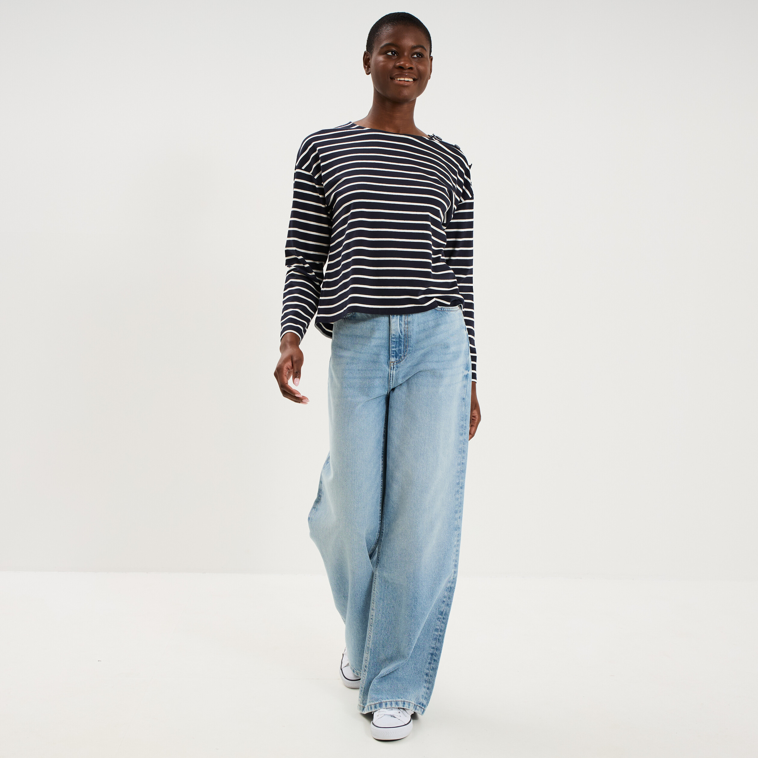 T-shirt marini&egrave;re col rond avec boutons ecru femme