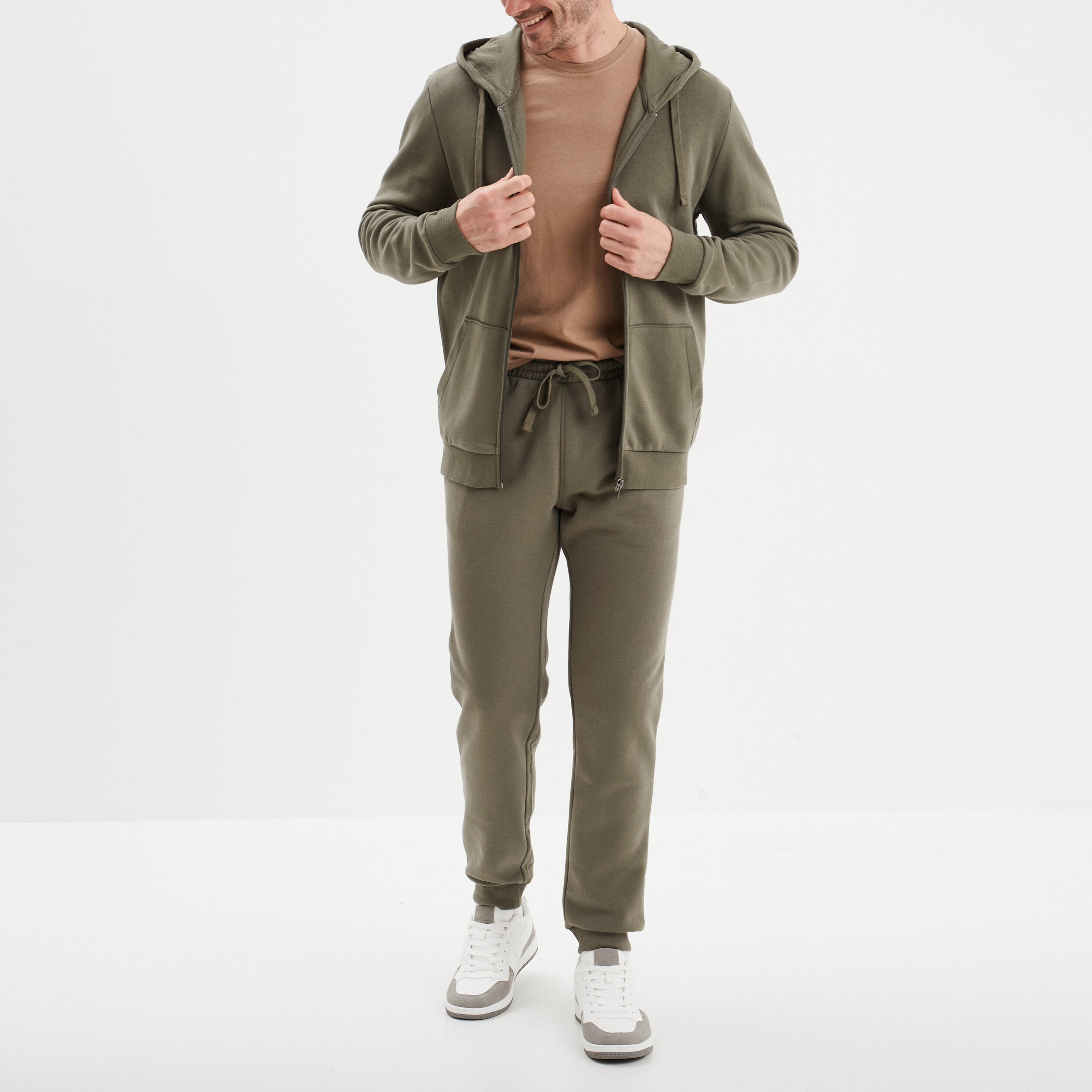 Sweat zipp&eacute; molleton &agrave; capuche vert kaki homme