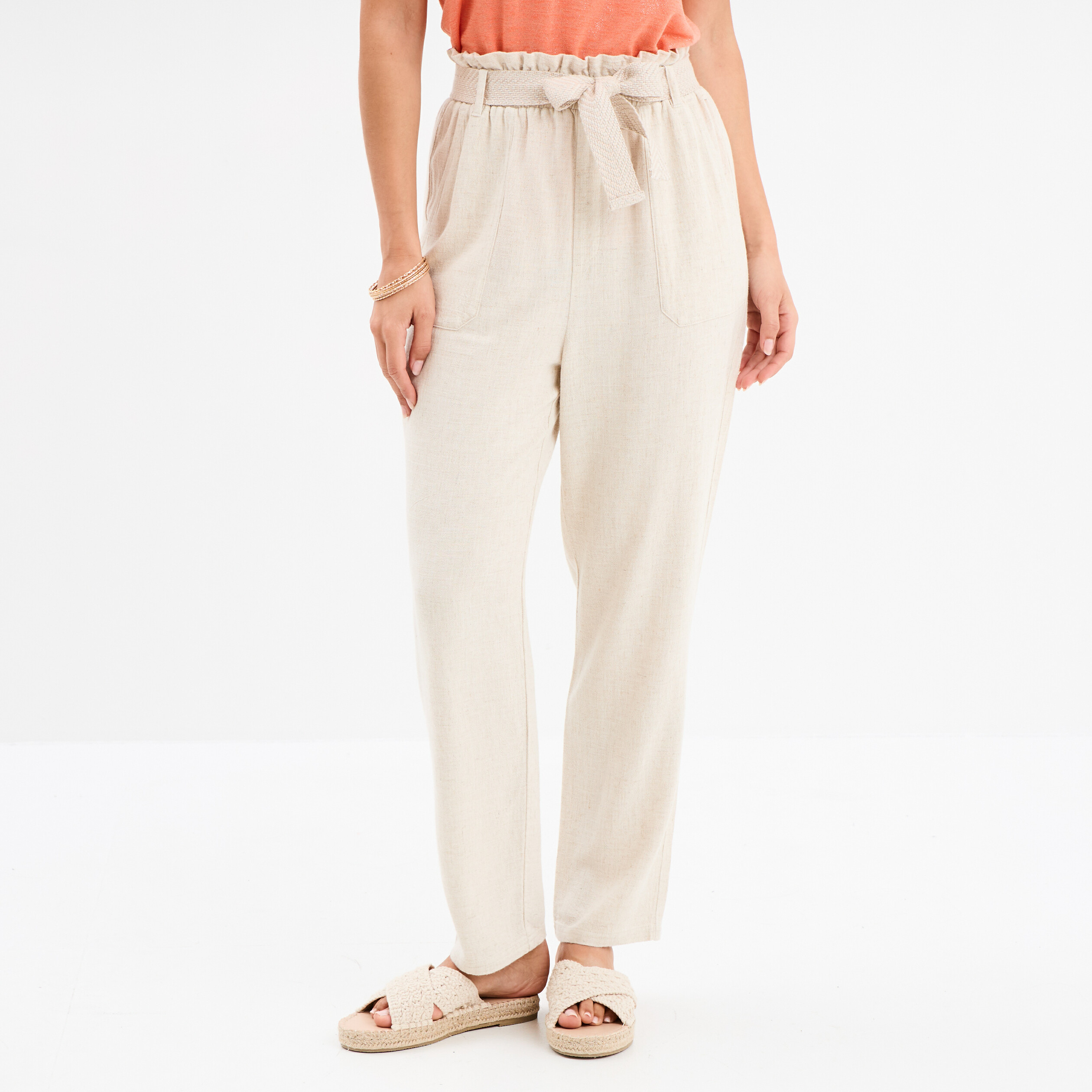 Pantalon paperbag &eacute;lastiqu&eacute; m&eacute;lange lin beige femme