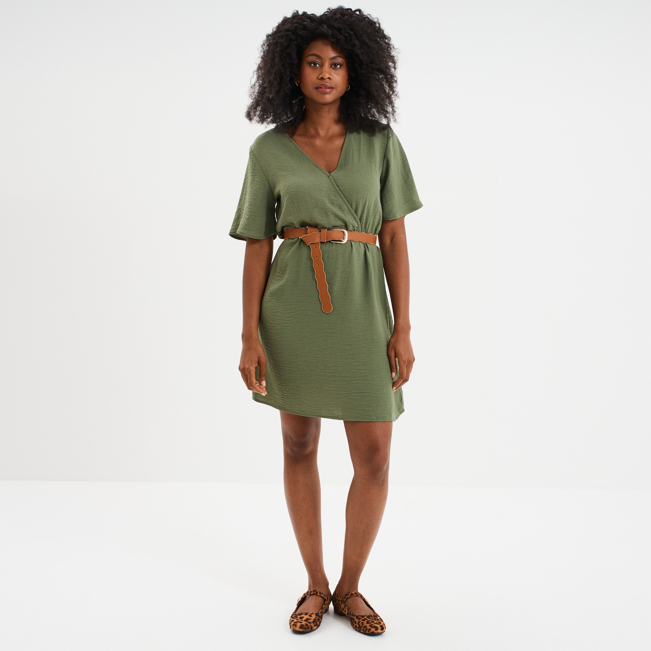 robe courte col cache coeur vert kaki femme Robe courte col cache-coeur vert kaki femme