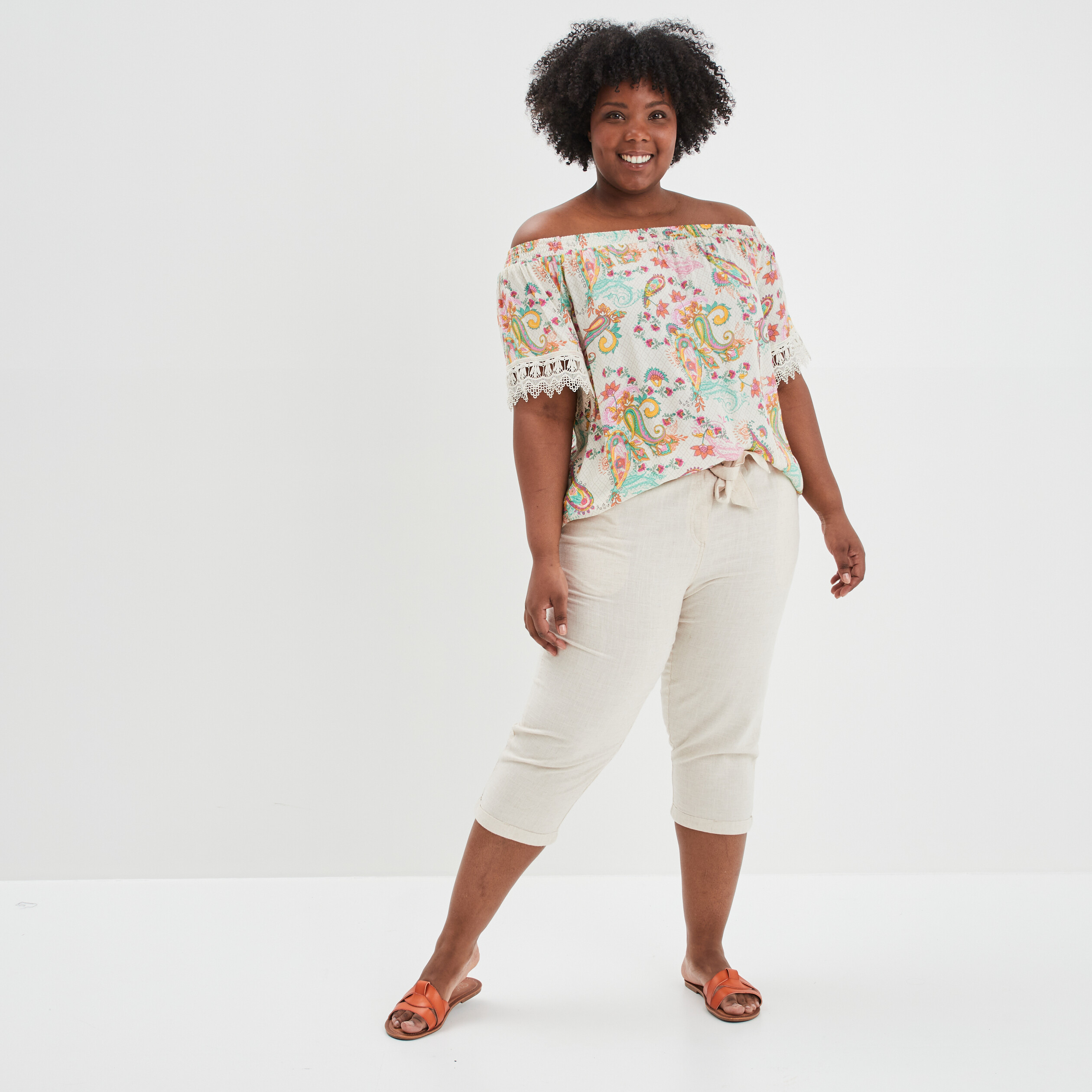 Pantacourt droit ceintur&eacute; lin m&eacute;lang&eacute; beige femme grande taille