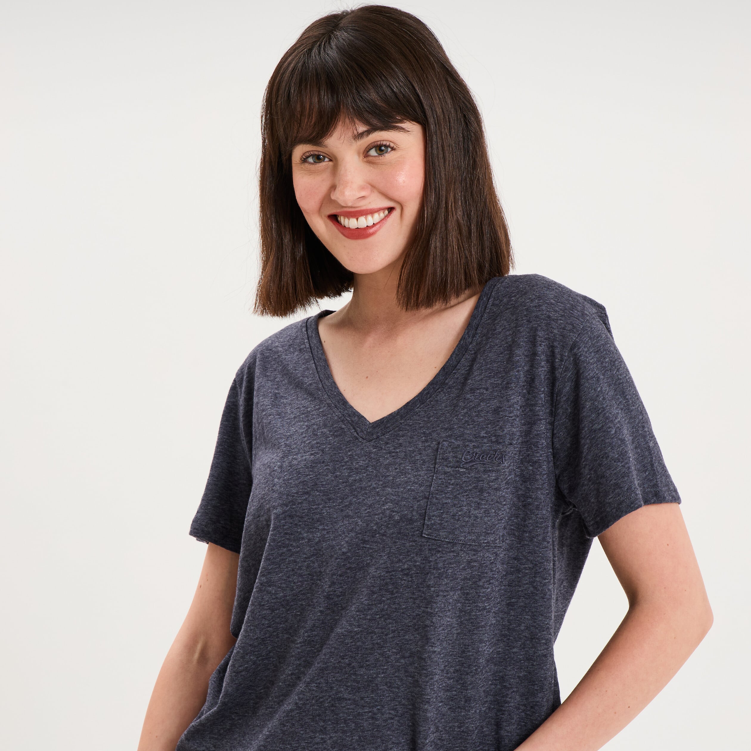 T-shirt col en V manches courtes bleu marine femme