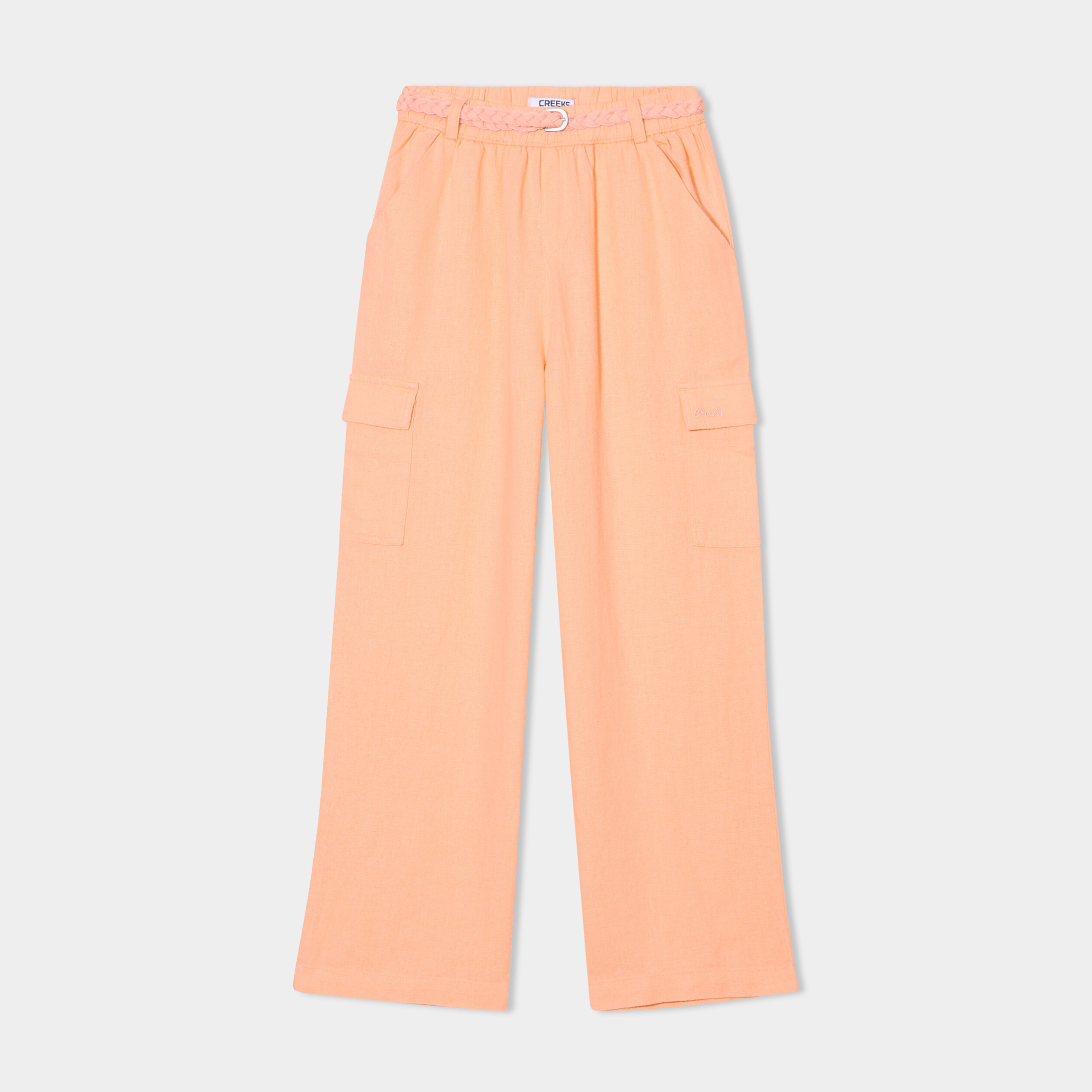pantalon large lin melange ceinture rose saumon fille Pantalon large lin mélangé ceinturé rose saumon fille