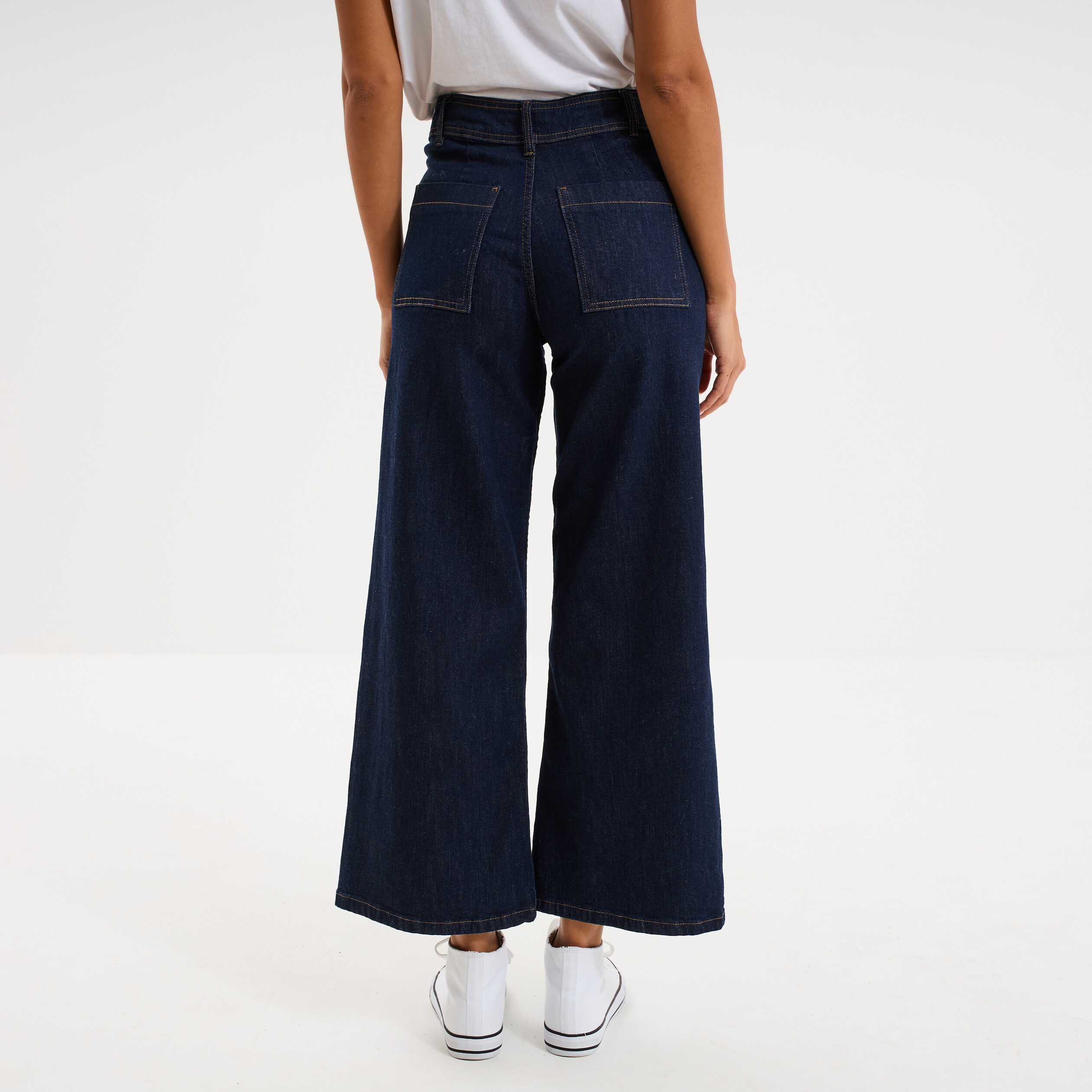 Jeans flare 7/8&egrave;me taille haute coton denim brut femme