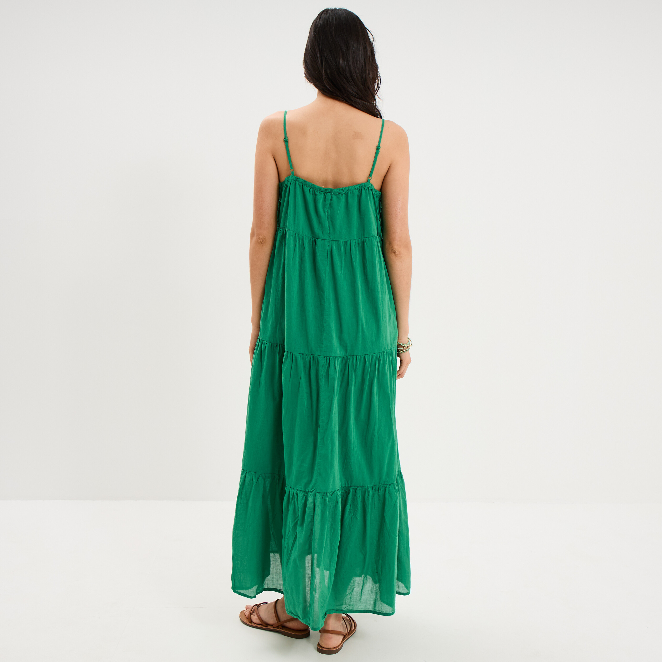 Robe longue &agrave; volants fines bretelles vert canard femme