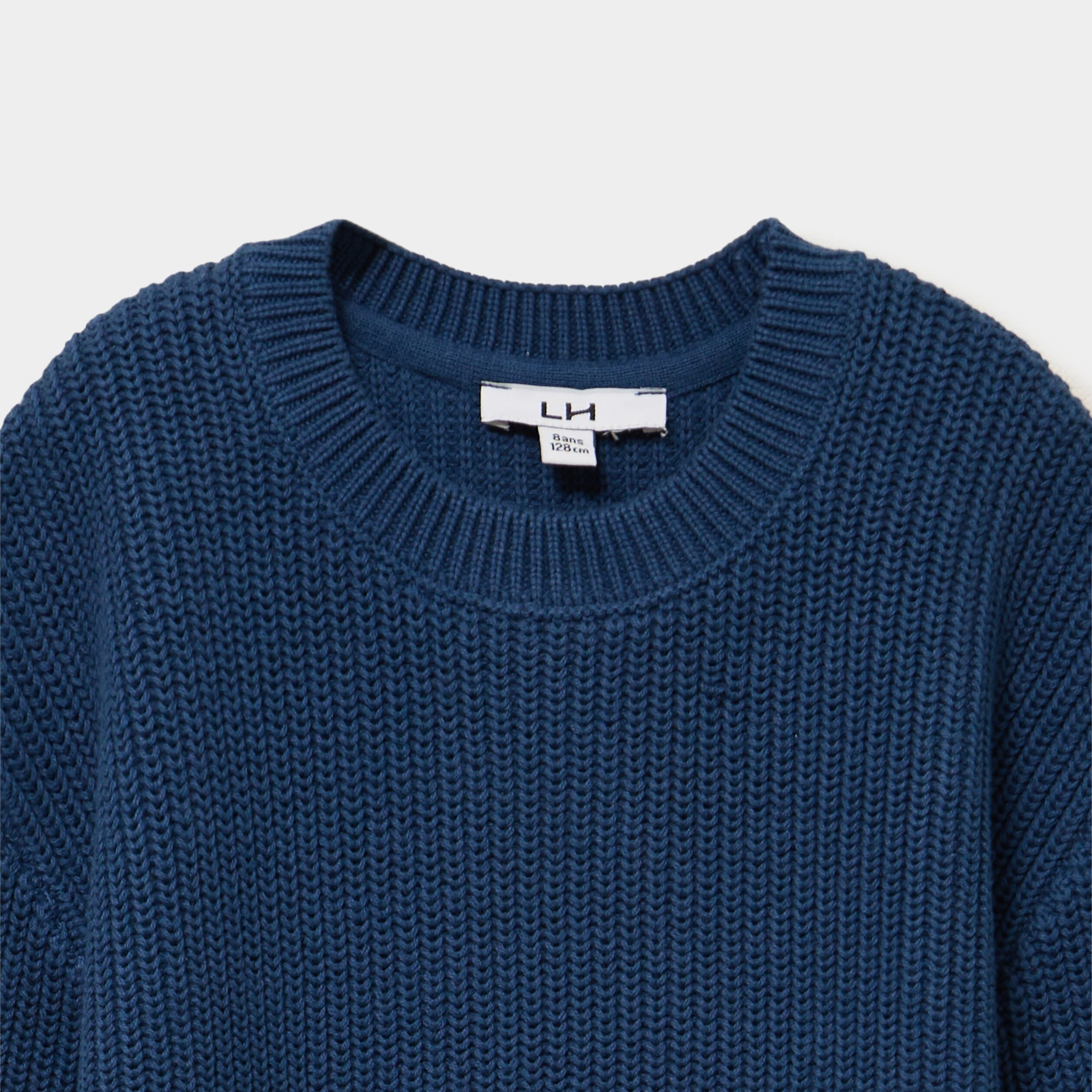 Pull col rond manches longues coton bleu fonc&eacute; gar&ccedil;on