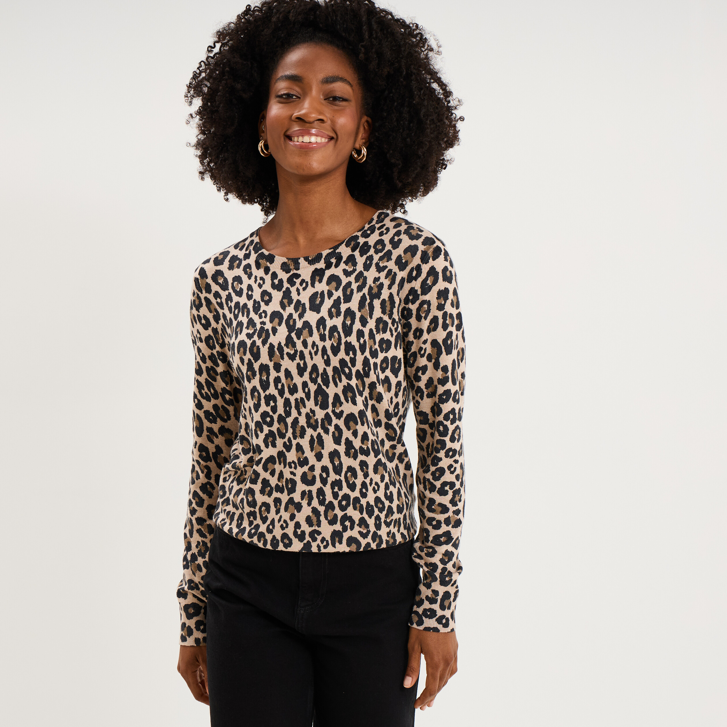 Pull col rond manches longues beige femme
