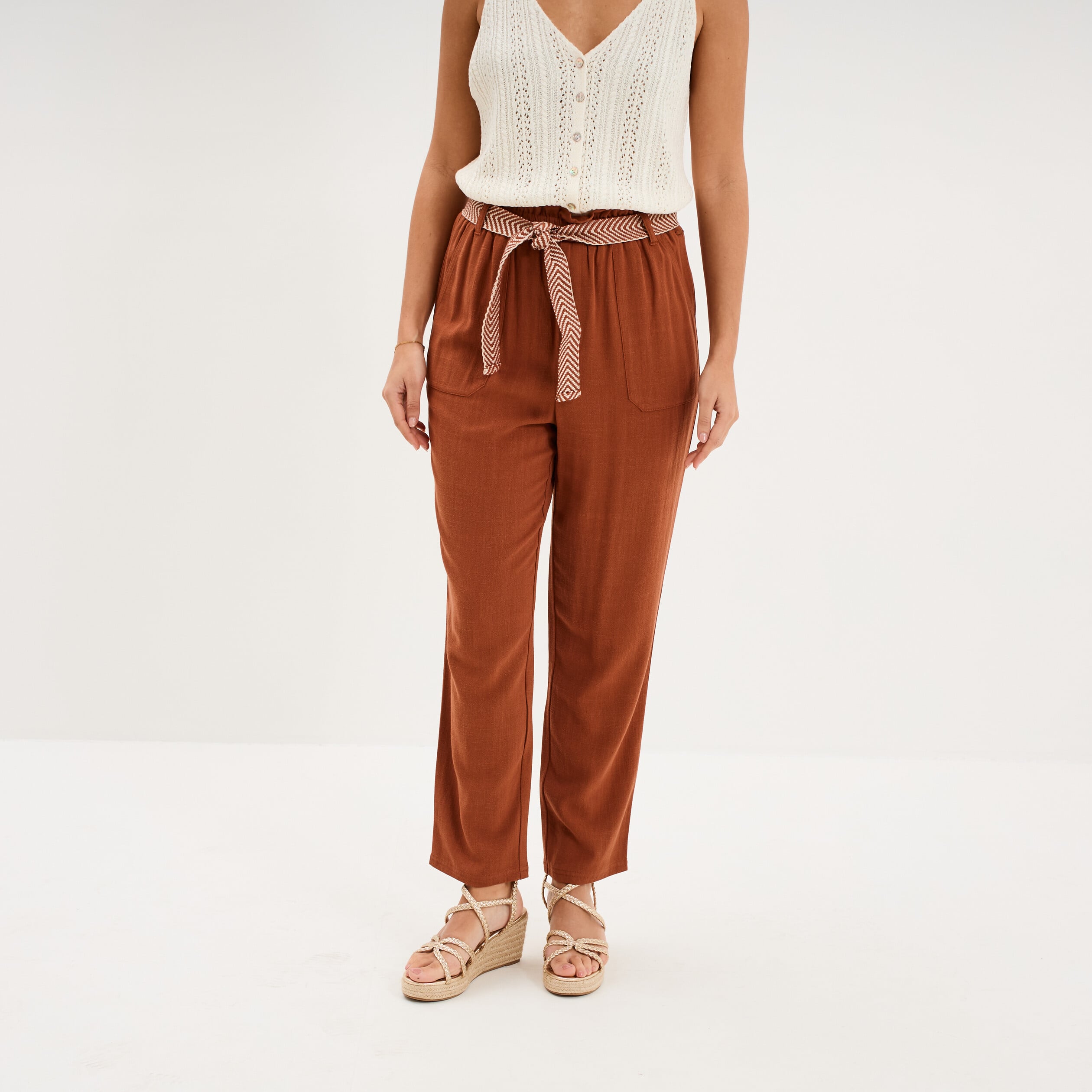 Pantalon paperbag &eacute;lastiqu&eacute; m&eacute;lange lin camel femme