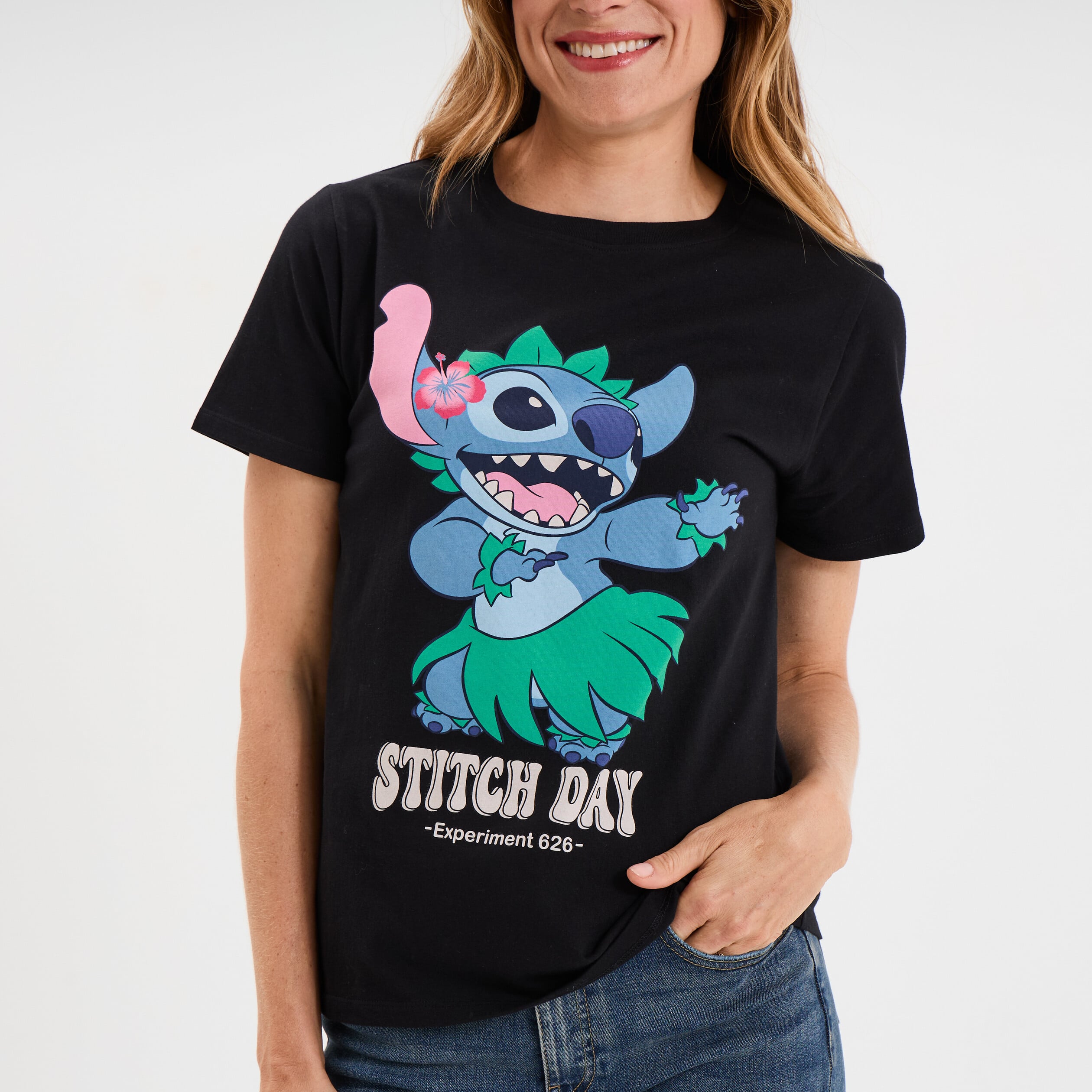 T-shirt manches courtes coton Stitch noir femme