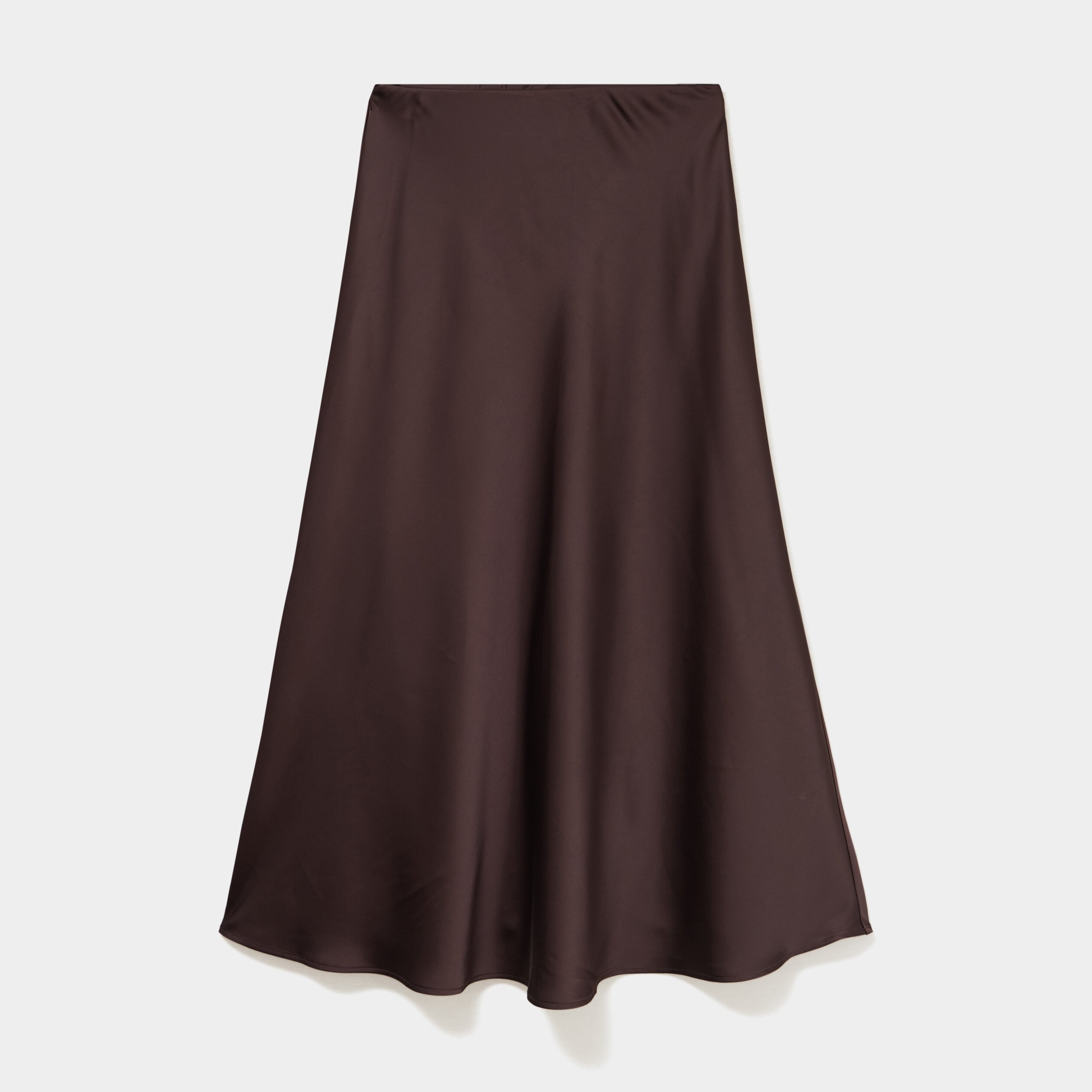 Jupe longue &eacute;vas&eacute;e effet satin marron fonc&eacute; femme