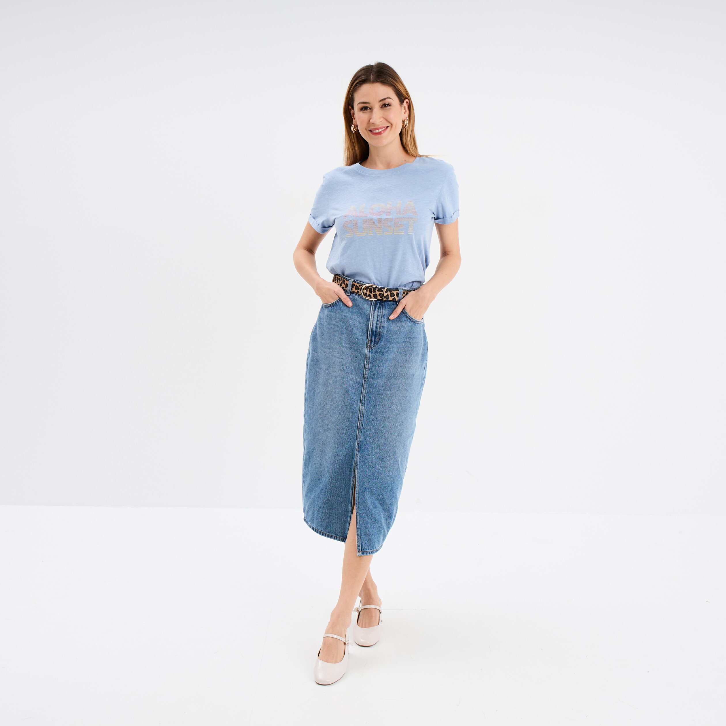 t shirt manches courtes coton denim baby bleu femme T-shirt manches courtes coton denim baby bleu femme