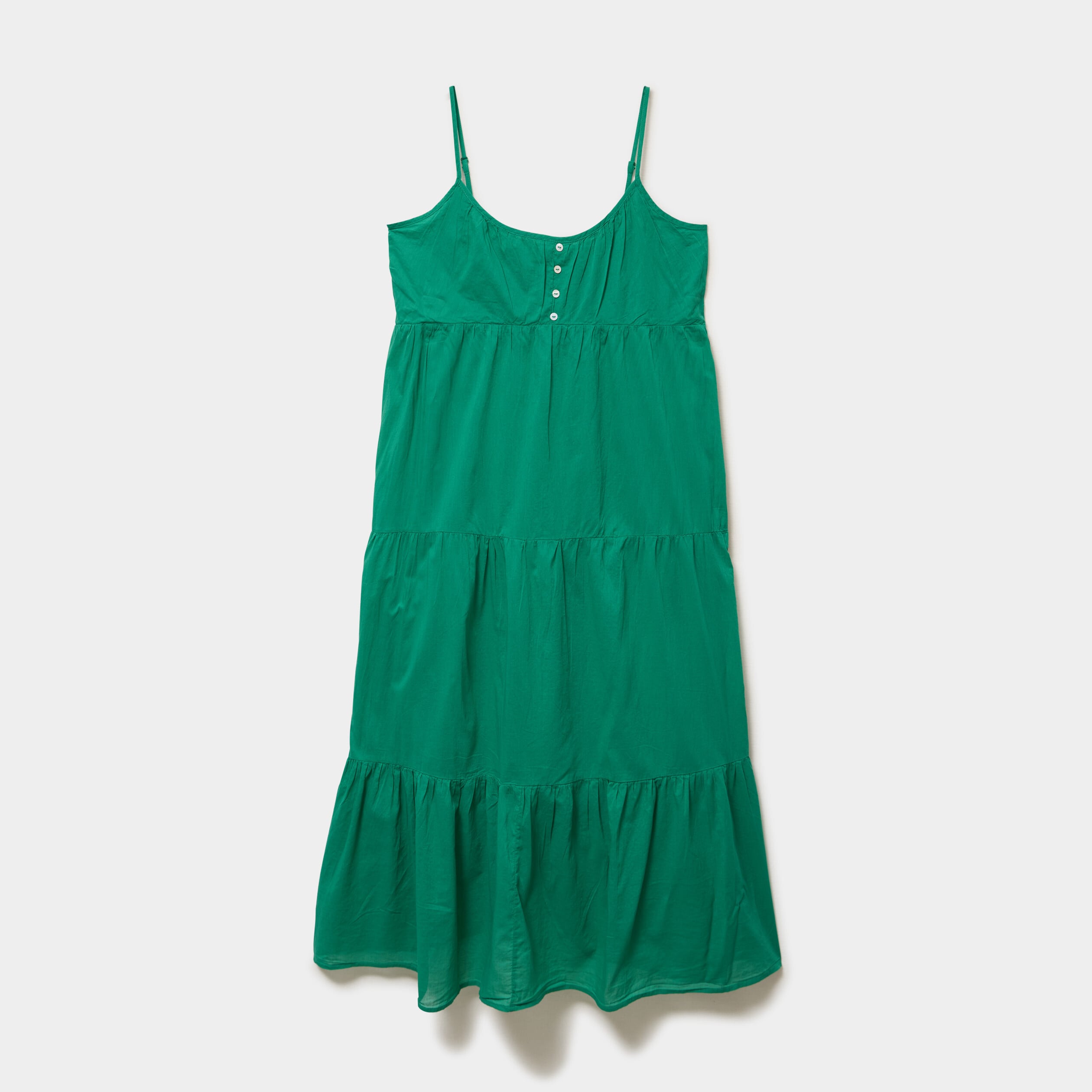 Robe longue &agrave; volants fines bretelles vert canard femme