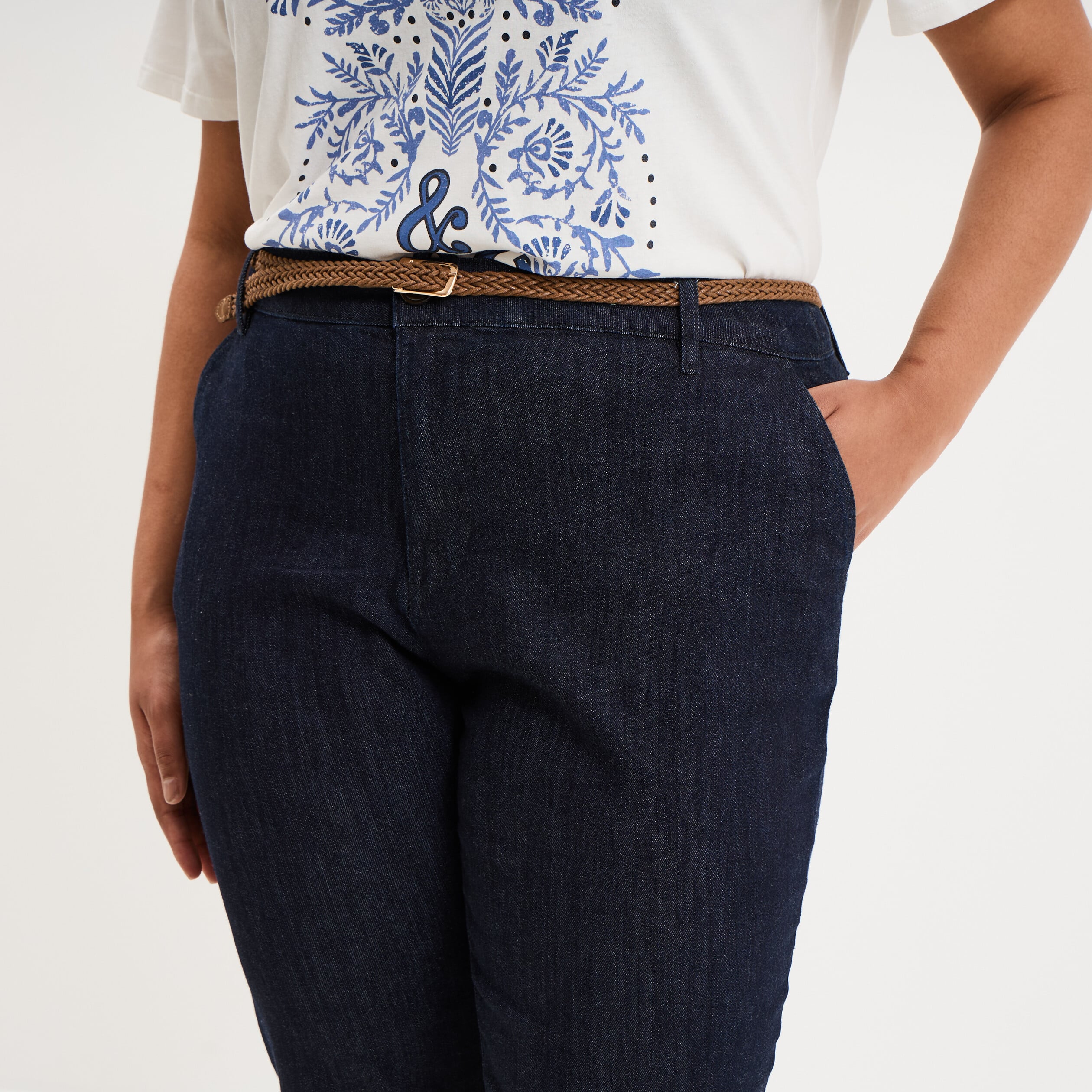 Jean chino cigarette avec ceinture denim brut femme grande taille