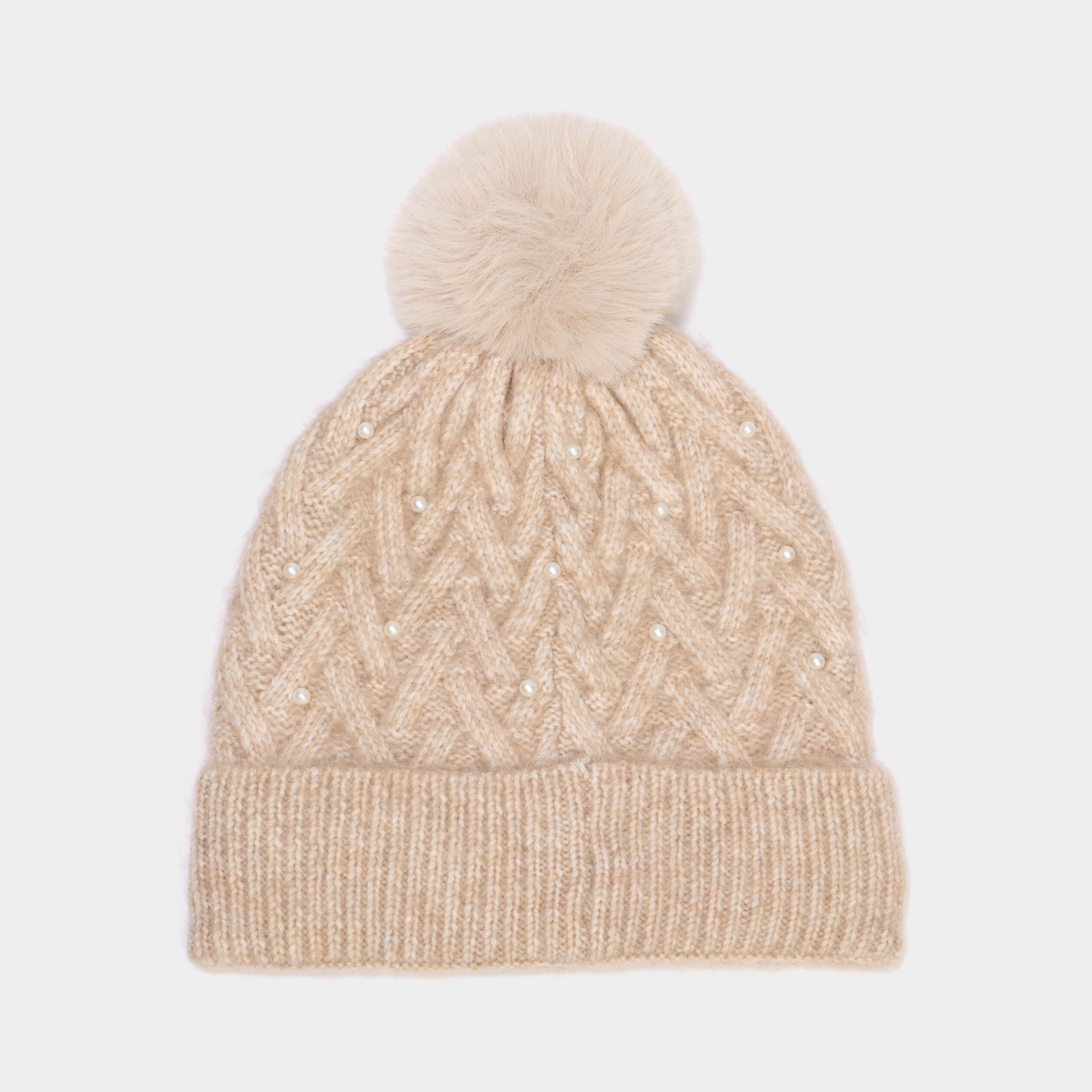 Bonnet tricot &agrave; pompon et perles beige femme