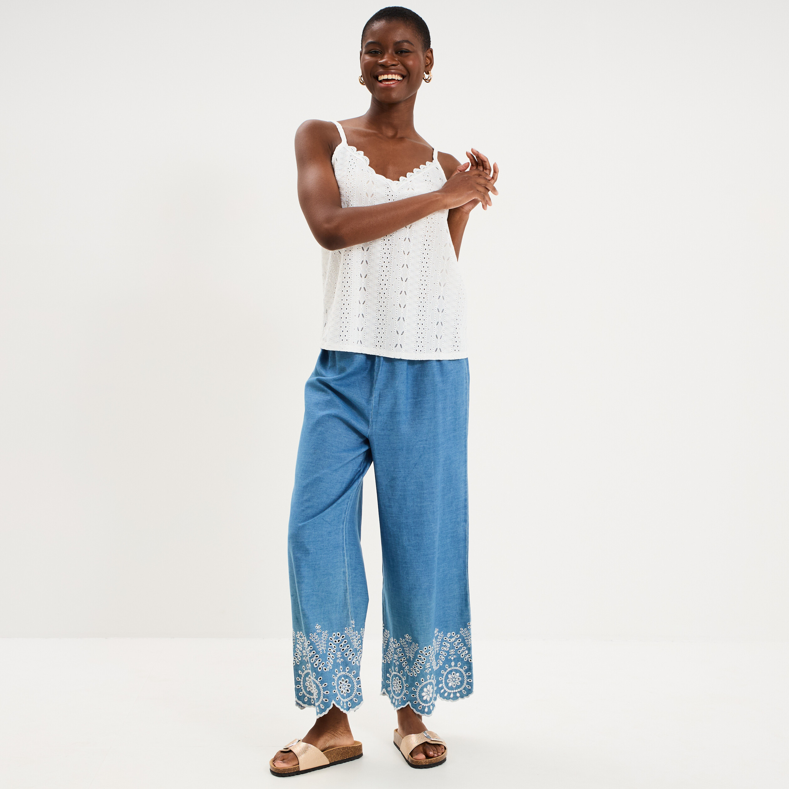 Pantalon avec broderie taille haute denim double stone femme