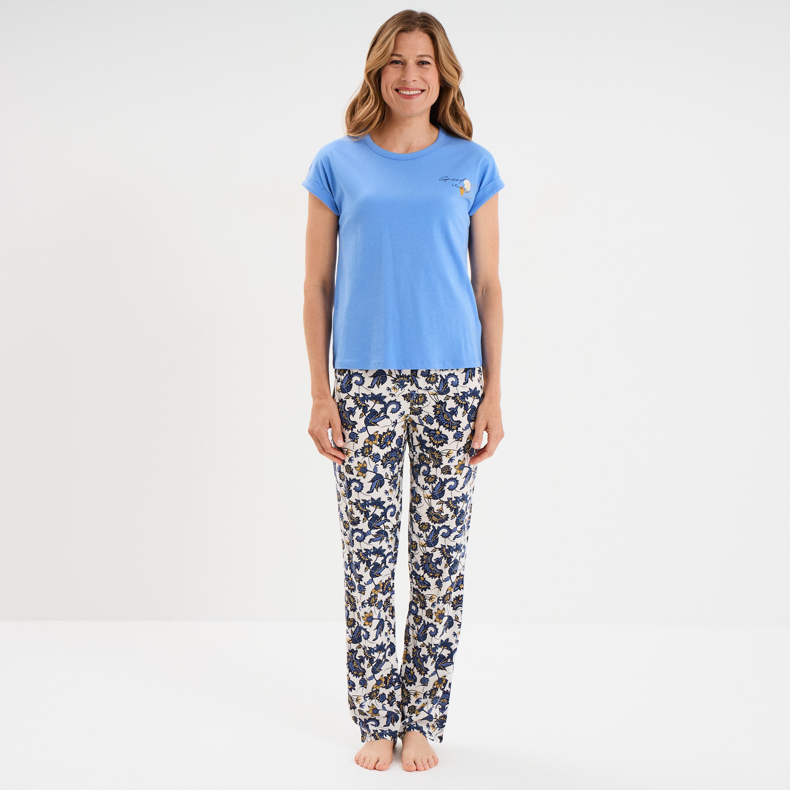 ensemble pyjama col rond 2 pieces fluide blanc femme Ensemble pyjama col rond 2 pièces fluide blanc femme