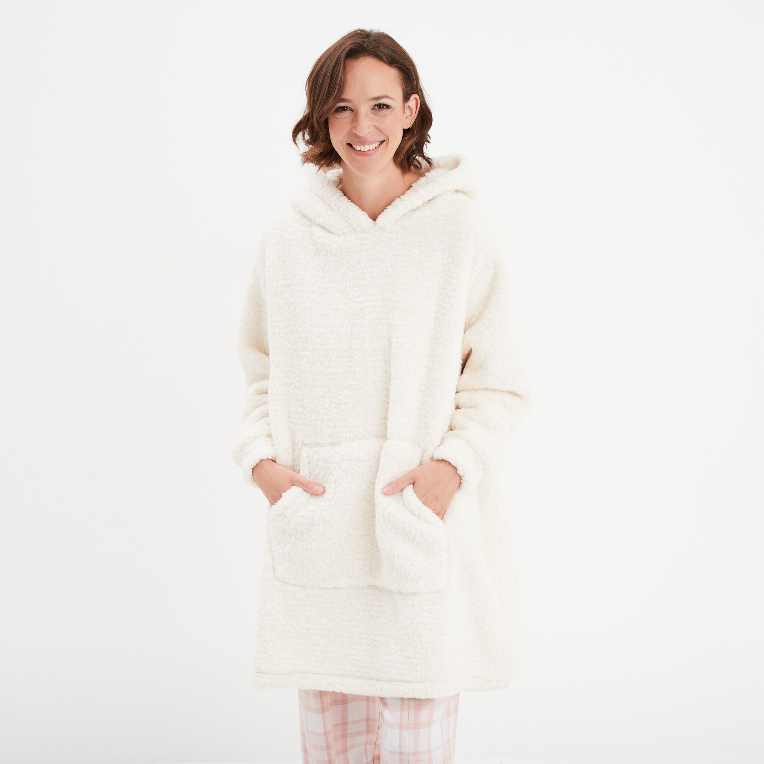 Poncho plaid à capuche effet polaire ivoire femme