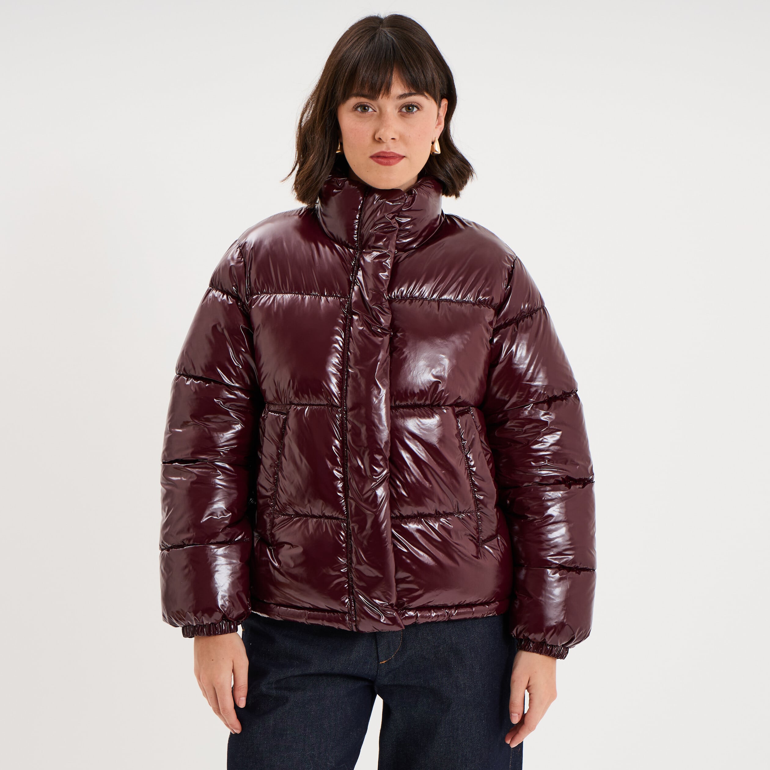 Doudoune courte oversize col montant violet fonc&eacute; femme