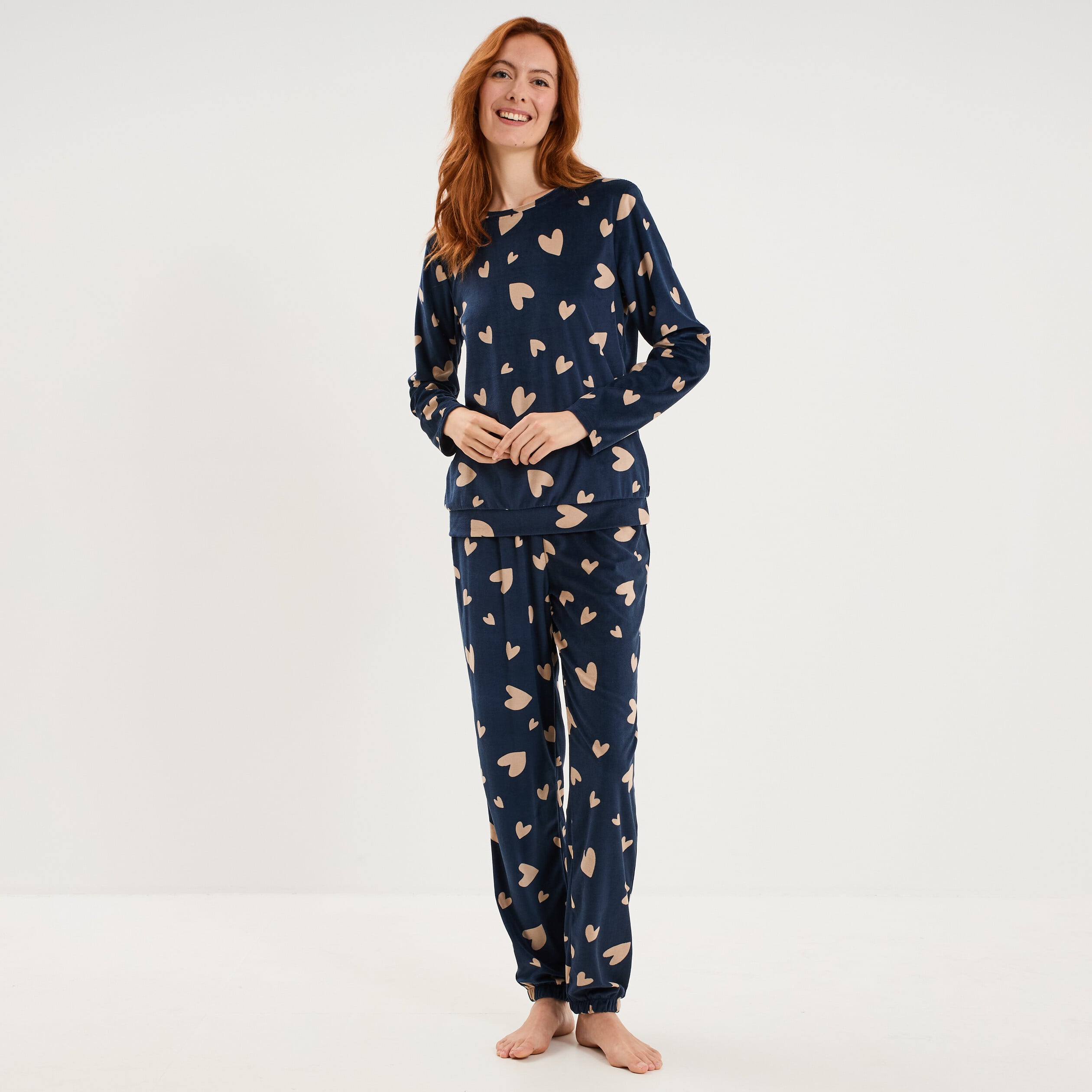 Ensemble pyjama t-shirt pantalon velours bleu gris femme