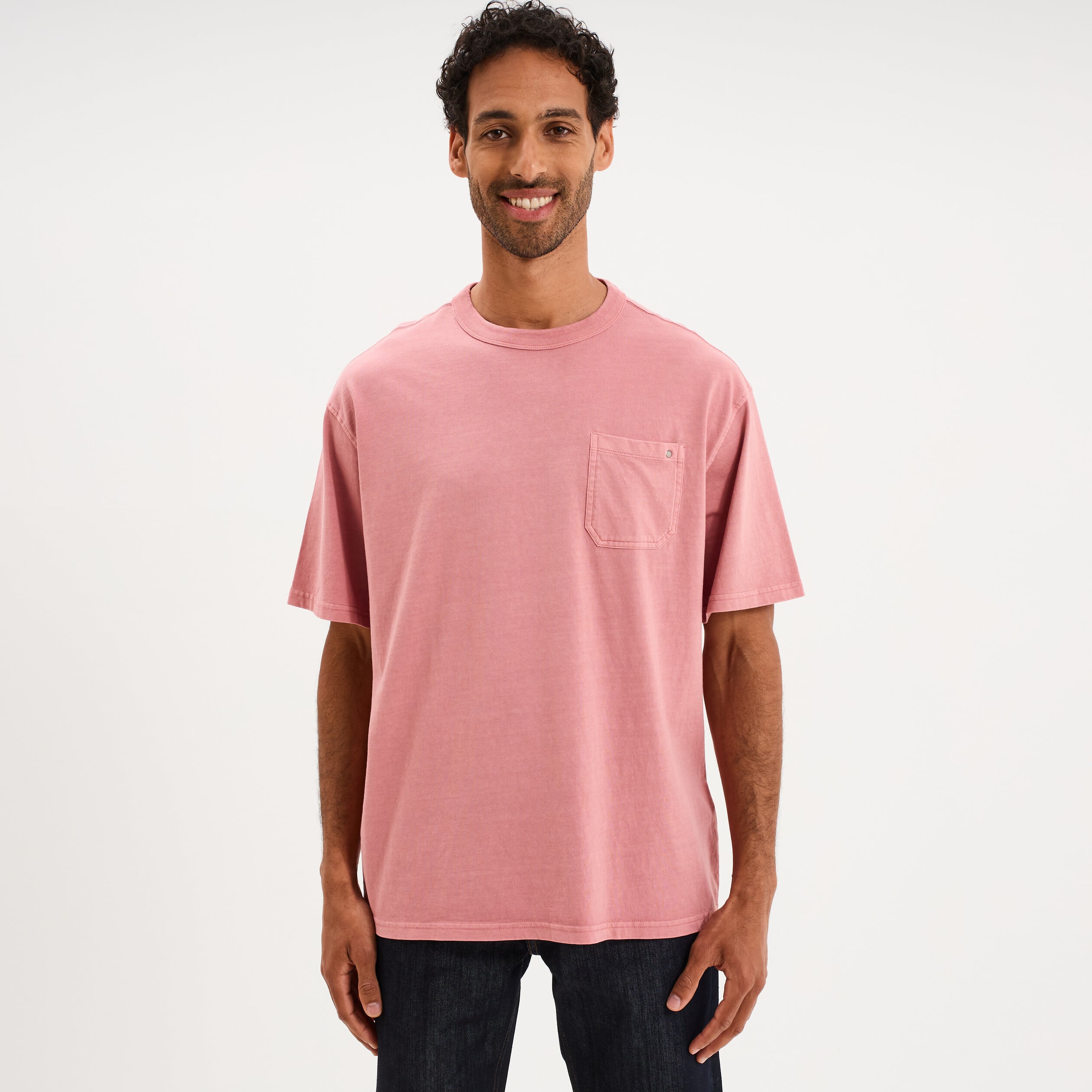 T-shirt droit col rond 1 poche coton vieux rose homme