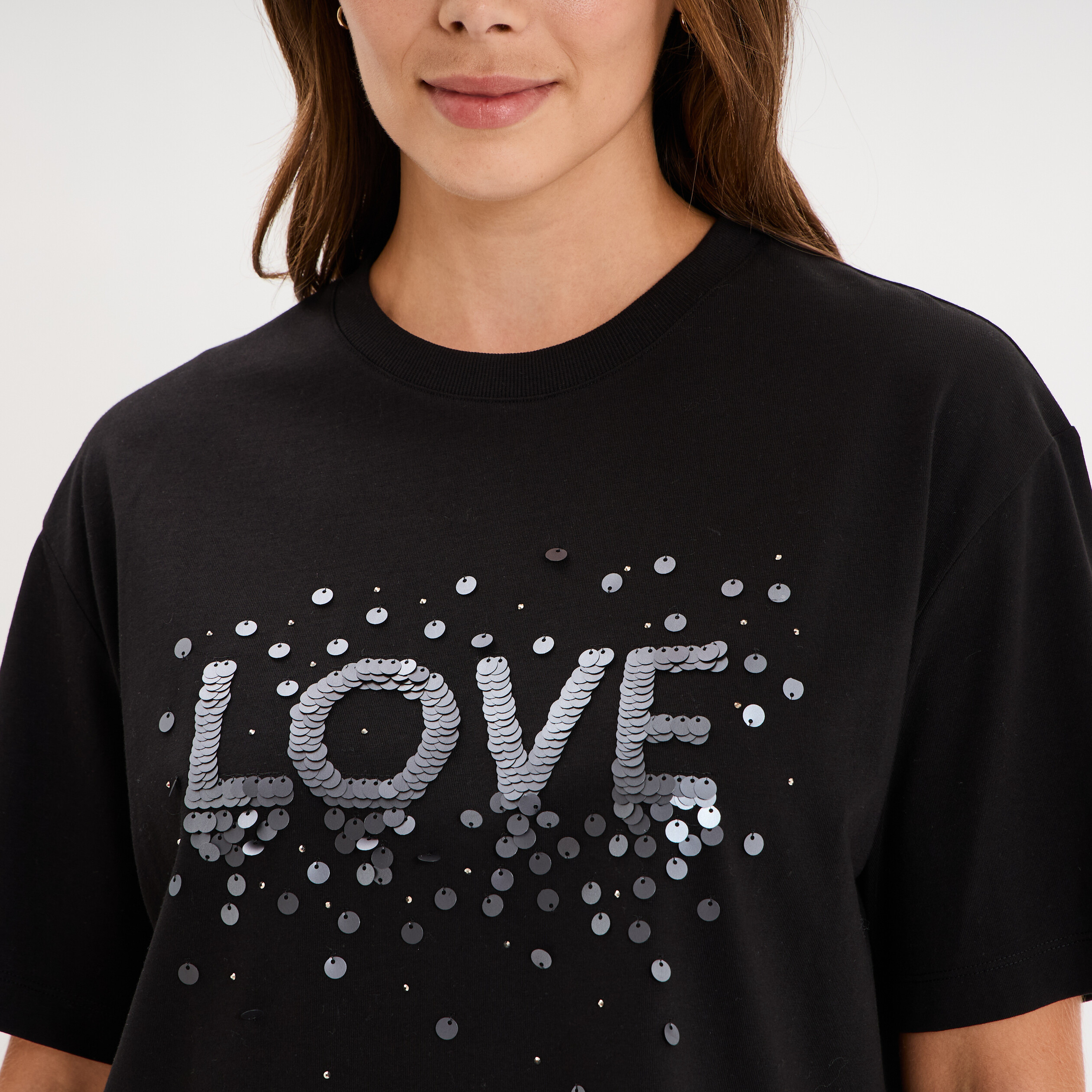 T-shirt oversize &agrave; sequins coton noir femme
