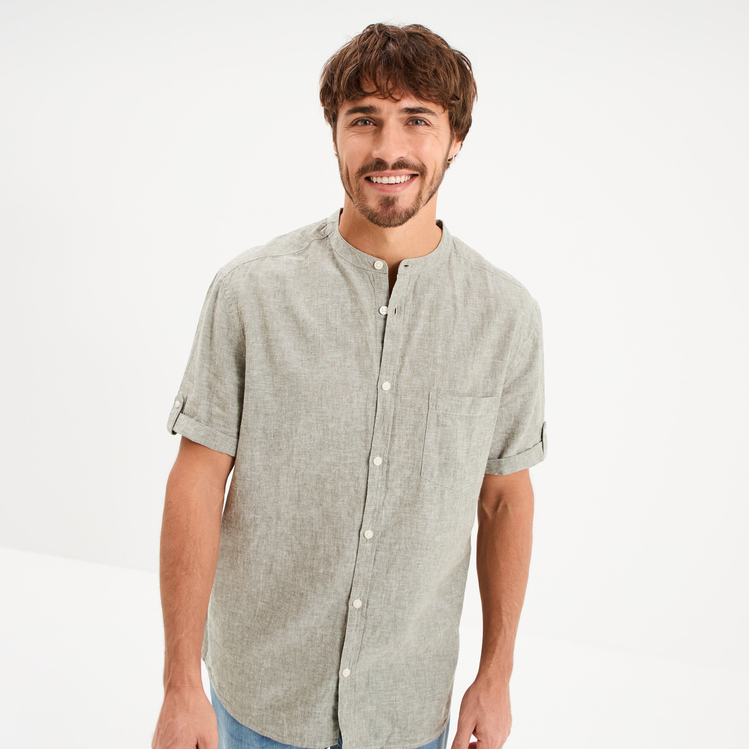 Chemise col mao lin m&eacute;lang&eacute; vert kaki homme